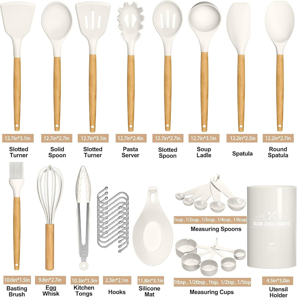 Kitchen Cooking Utensils Set, 33 pcs Non-stick Silicone Cooking Kitchen Utensils Spatula Set with Holder, Wooden Handle Silicone Kitchen Gadgets Utensil Set (Cream White)