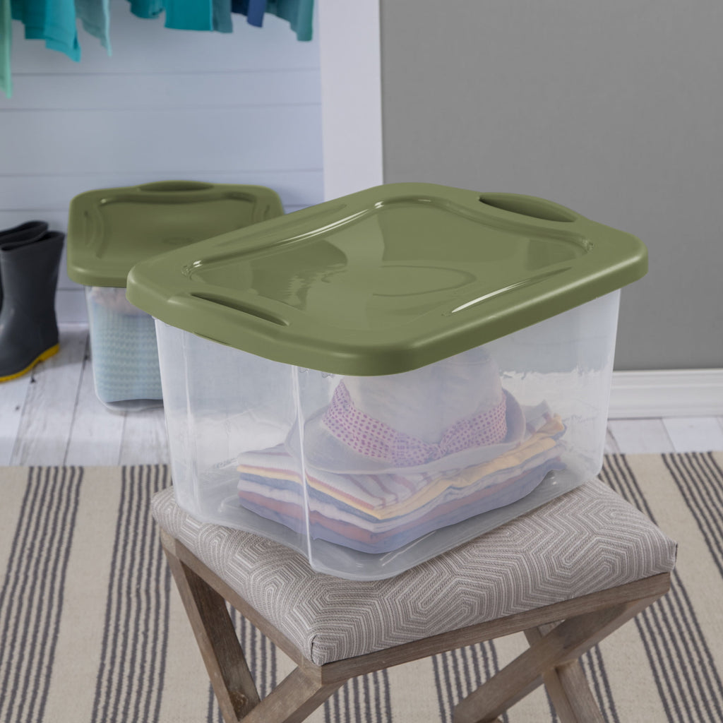 EZ Carry 40 Quart Medium Storage Bin, Clear Plastic Storage Container with Full-Grip Handles, Green