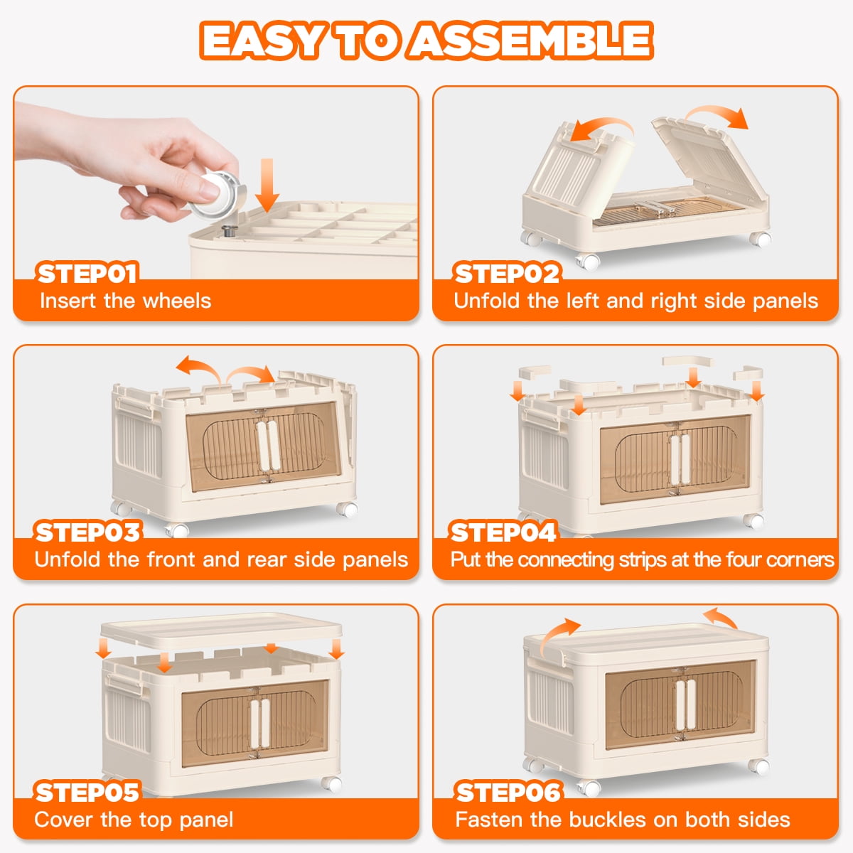 5 Tiers Storage Bins with Wheels, Magnetic Dual Open Collapsible Storage Container with Lids, 125QT Folding Storage Box Bins for Closet Organizers, Home and Office, Beige