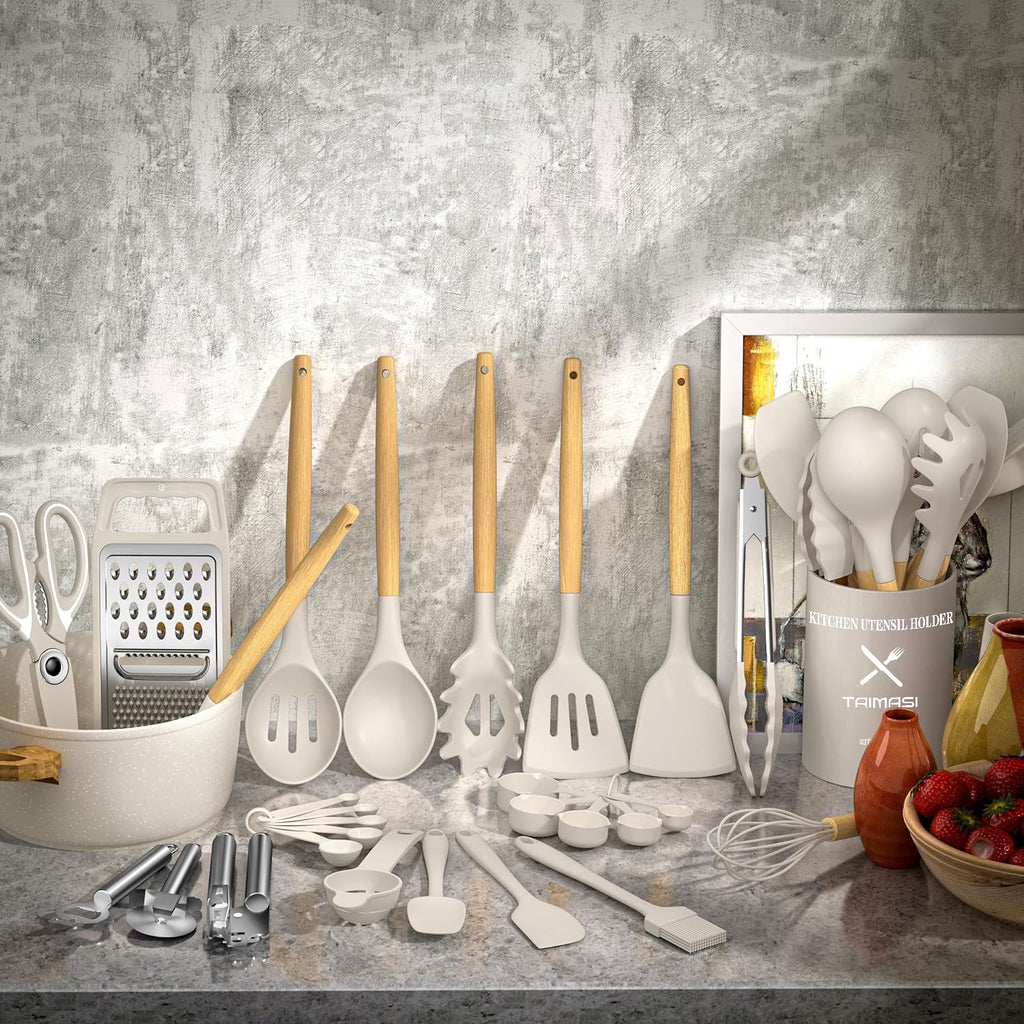 Kitchen Utensil Set, 34Pieces Silicone Cooking Utensil Set with Wooden Handle, Spatula Set Gadgets Tools Cookware, Khaki