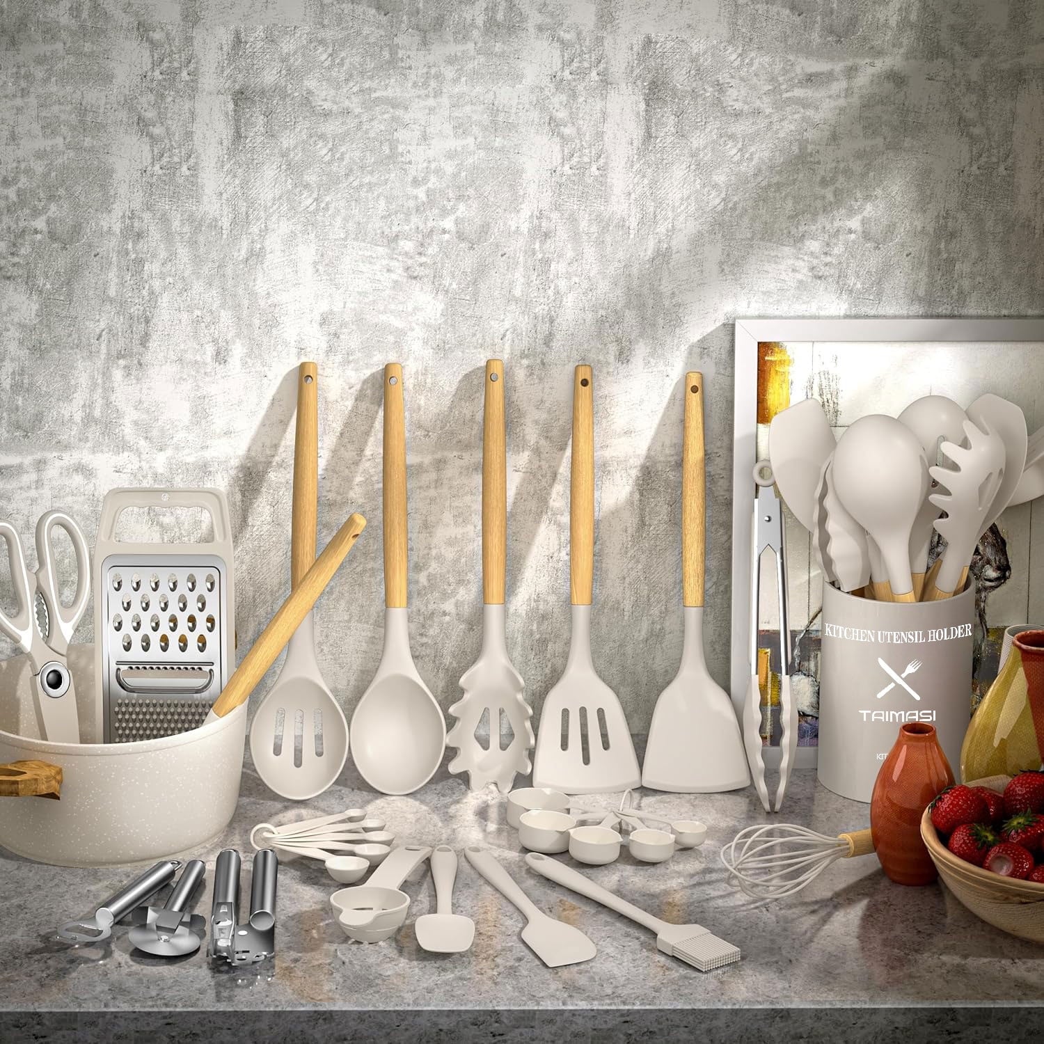 Kitchen Utensil Set, 34Pieces Silicone Cooking Utensil Set with Wooden Handle, Spatula Set Gadgets Tools Cookware, Khaki