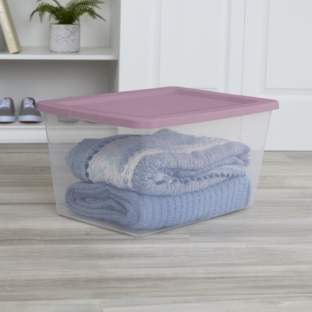 58 Quart Medium Storage Bin, Clear Plastic Storage Container with Snap-On Lid, White