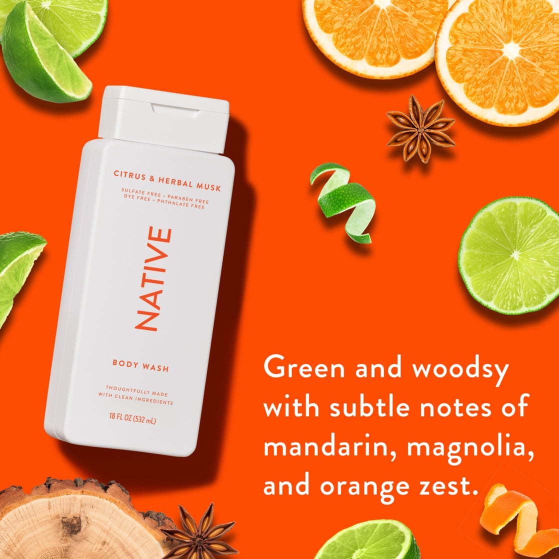 Body Wash, Citrus &amp; Herbal Musk, Sulfate Free, Naturally Derived Ingredients, 24hr Freshness, for Women &amp; Men, 18 fl oz