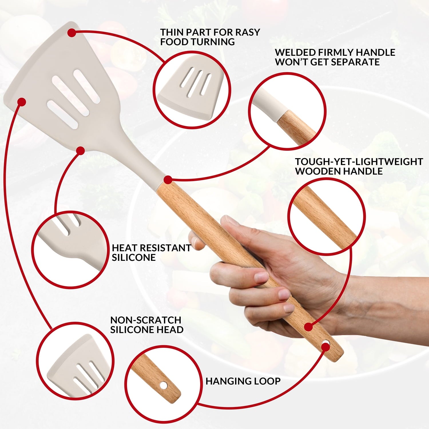 12-Piece Silicone Kitchen Cooking Utensils Set with Holder, Wooden Handle Utensils for Cooking, Kitchen Tools Include Spatula Turner Spoons Soup Ladle Tong Whisk, Black