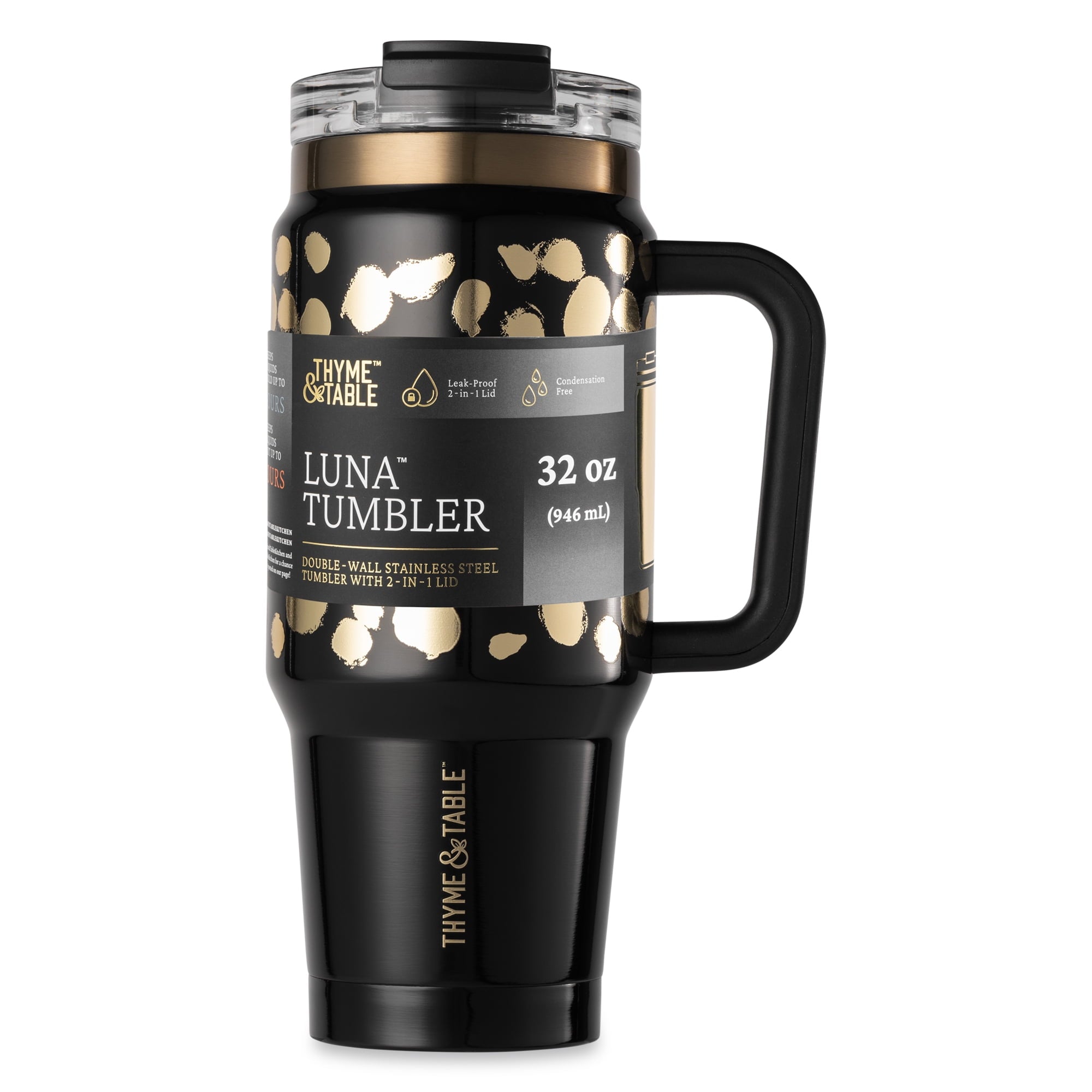 Thyme &amp; Table 32 fl oz Stainless Steel Luna Tumbler with Handle and Dual Straw Lid, Cream &amp; Black Check