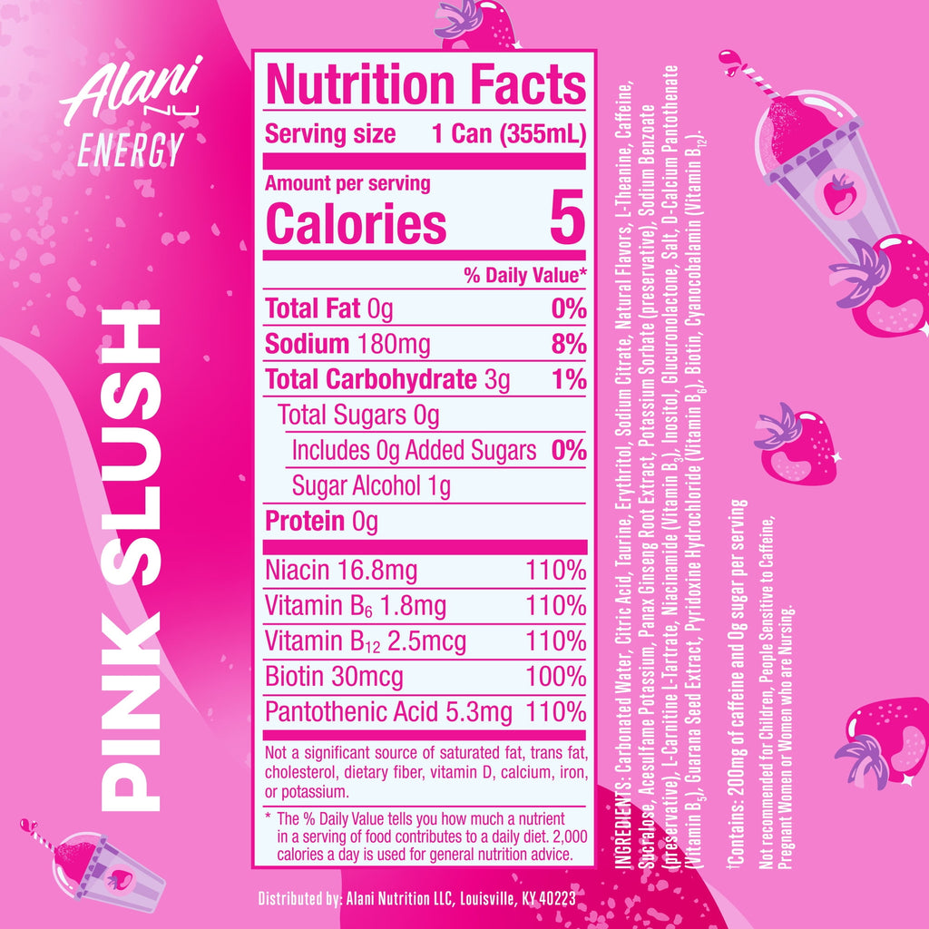 Sugar Free Energy Drink, Pink Slush, 12 fl oz, 12 Pack, Cans, 200mg Caffeine