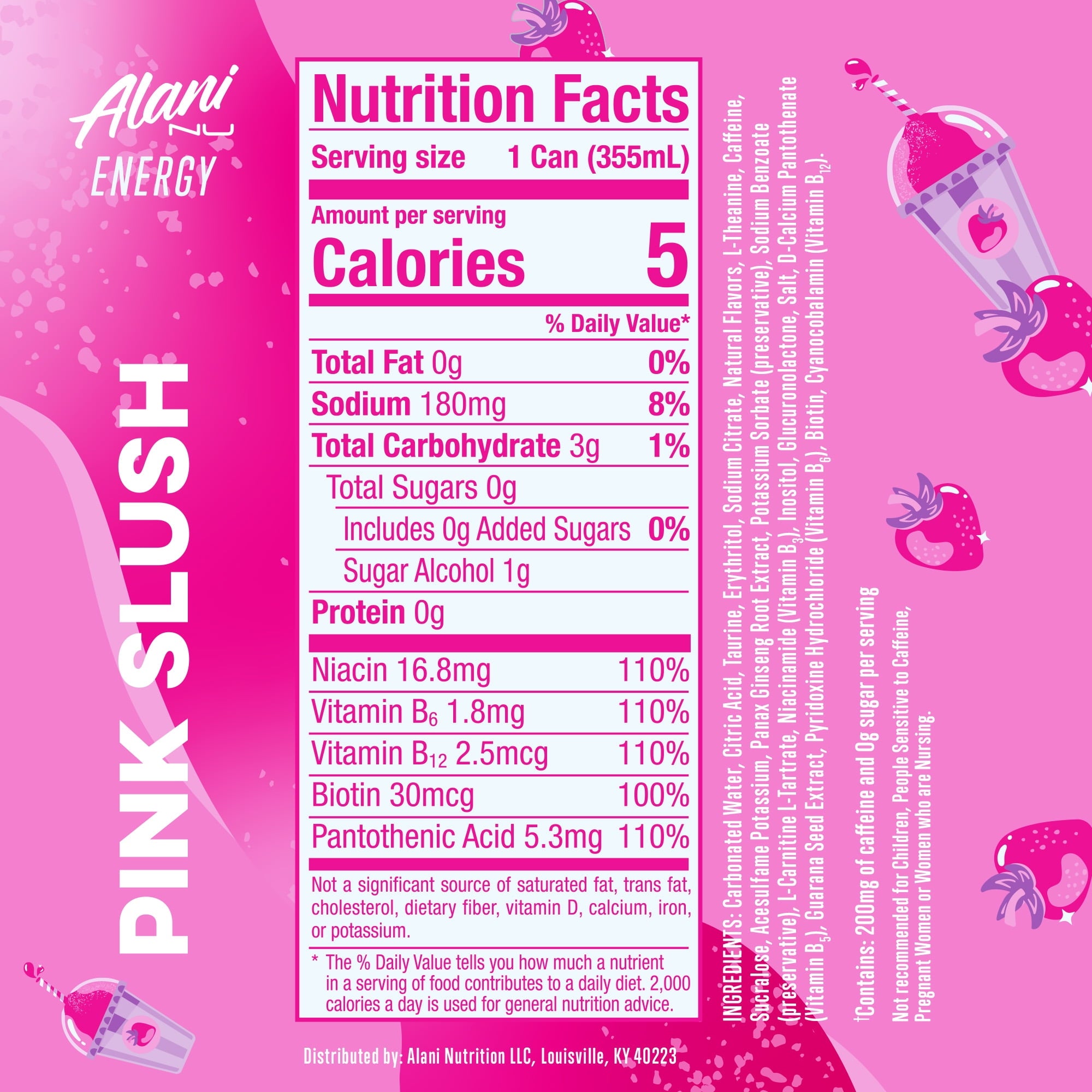 Sugar Free Energy Drink, Pink Slush, 12 fl oz, 12 Pack, Cans, 200mg Caffeine