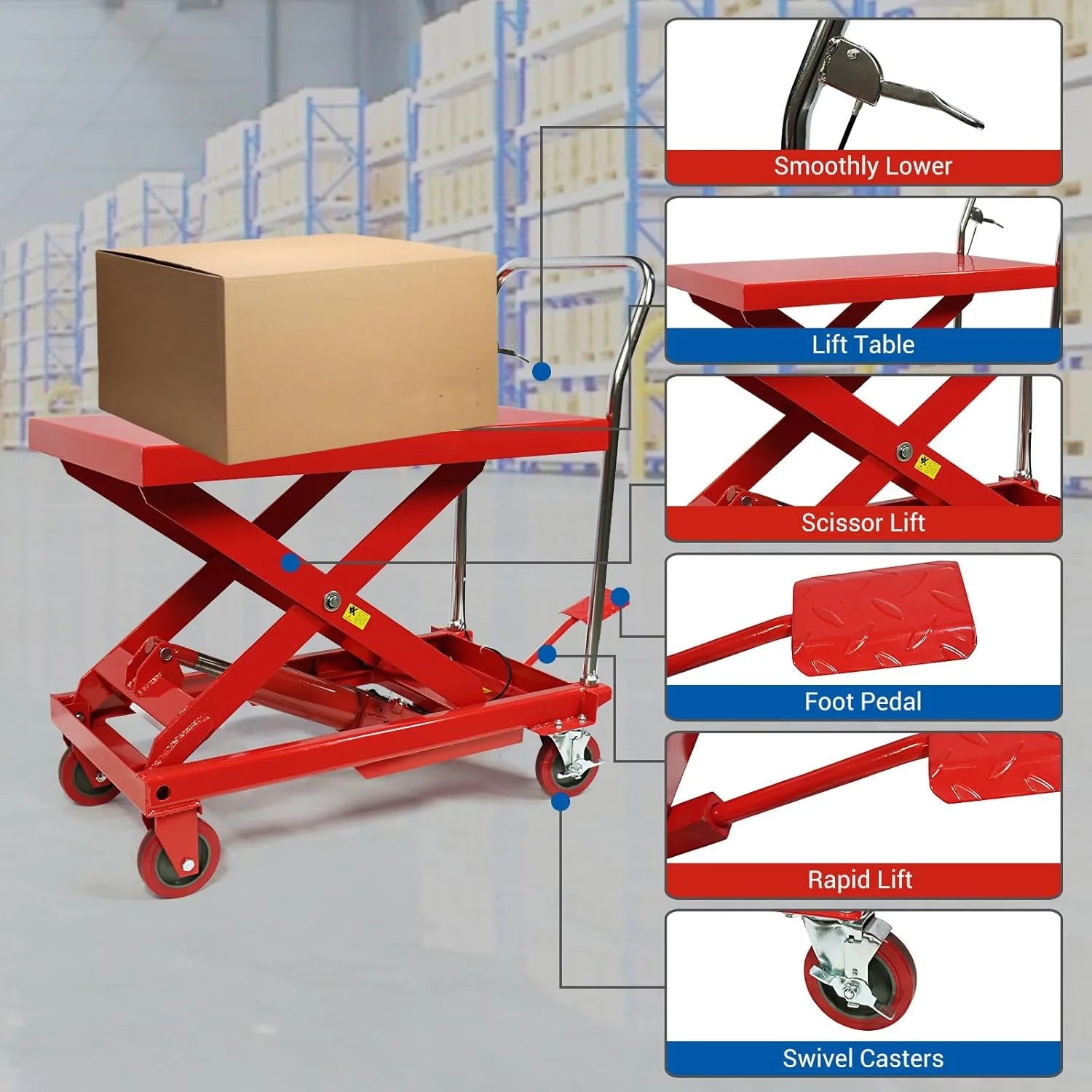 Hydraulic Lift Table Cart – 31" Lift Height, Double Scissor Design with 4 Wheels & Non-Slip Pad for Material Handling