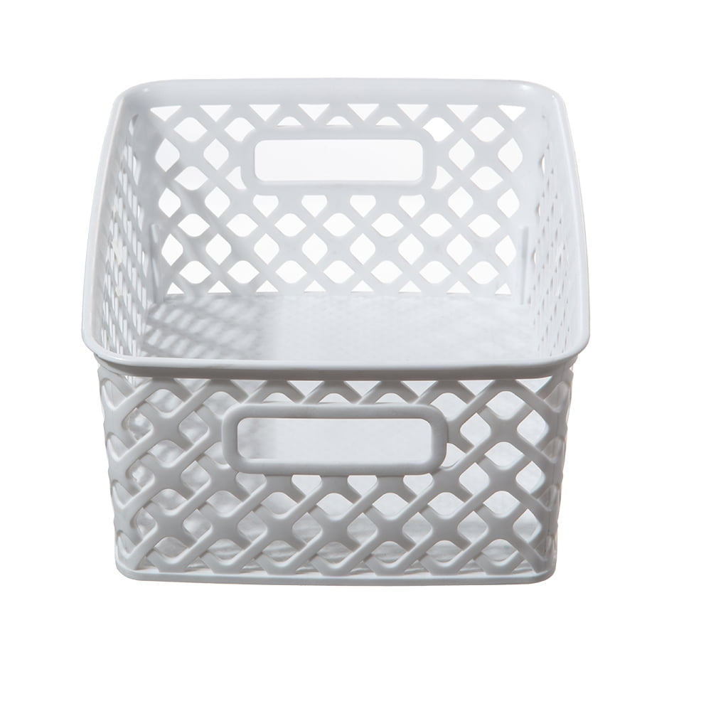 Small White Decorative Plastic Storage Basket, 10 in x 8 in x 4 in