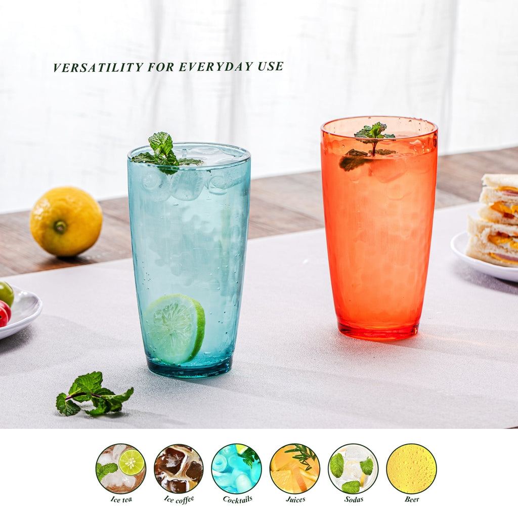 20oz Colorful Acrylic Glasses Drinkware (Set of 6), Hammered Shatter-Proof Plastic Tumblers