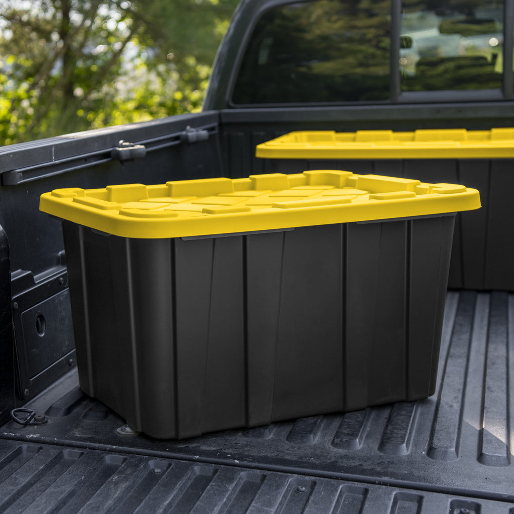 Large Storage Bin, 27 Gallon Plastic Storage Tote with Snap-On Lid, Black and Yellow, 6 Pack