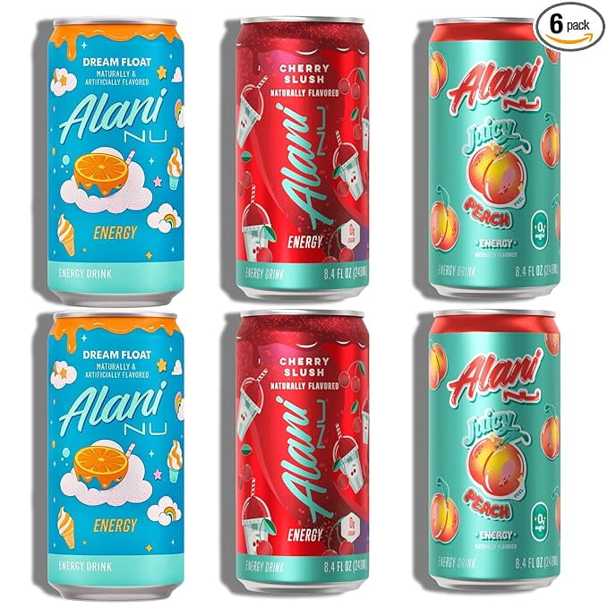 New Alani Mini Energy Drinks, Dream Float, Cherry Slush, Juicy Peach Variety Pack, Sugar Free, Low Calorie, Energy Boost Drinks 8.4oz Cans (6 pack)