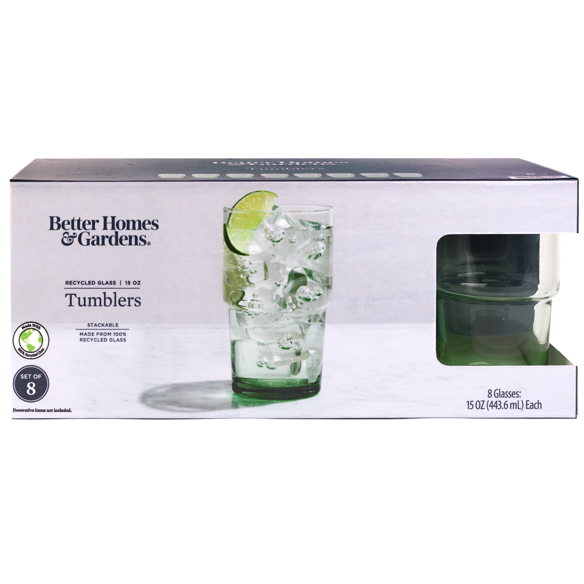 Better Homes &amp; Gardens Clear Green Glass, Glassware, 8 Pack, 15 oz