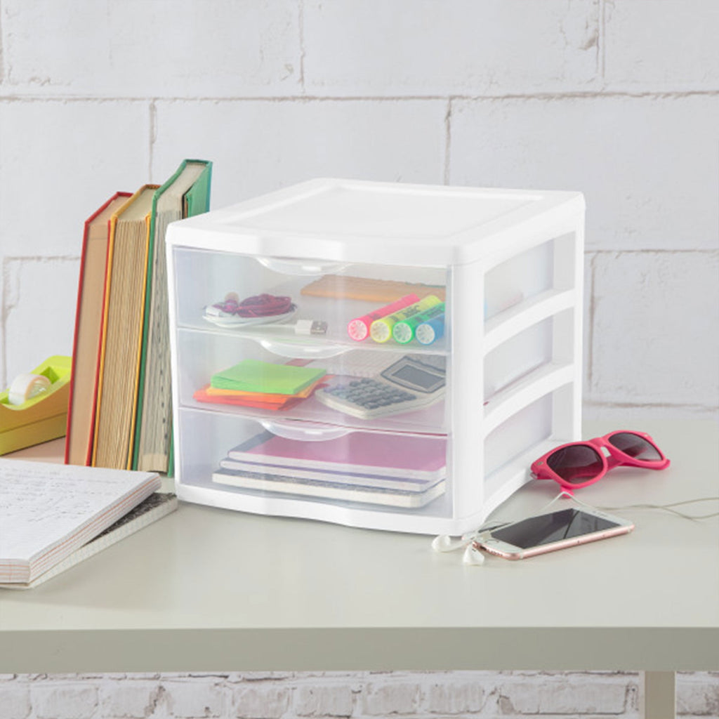 3 Drawer Unit, Clear Plastic Countertop or Desktop Storage Drawers, White