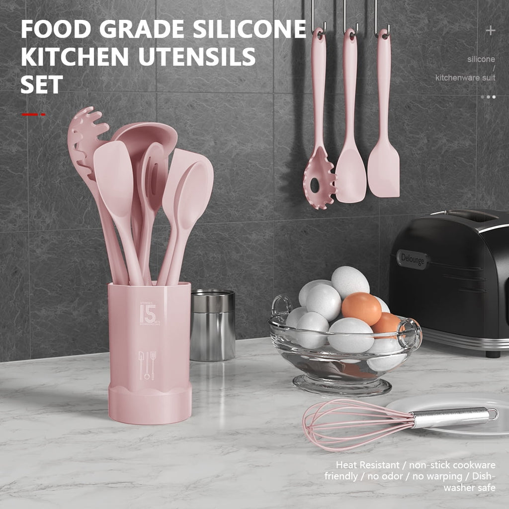 Black Silicone Cooking Utensils Set - 446°F Kitchen Utensils,Turner Tongs,Spatula,Spoon,Brush,Whisk,Kitchen Utensil Gadgets Tools Set for Nonstick Cookware, (BPA Free)