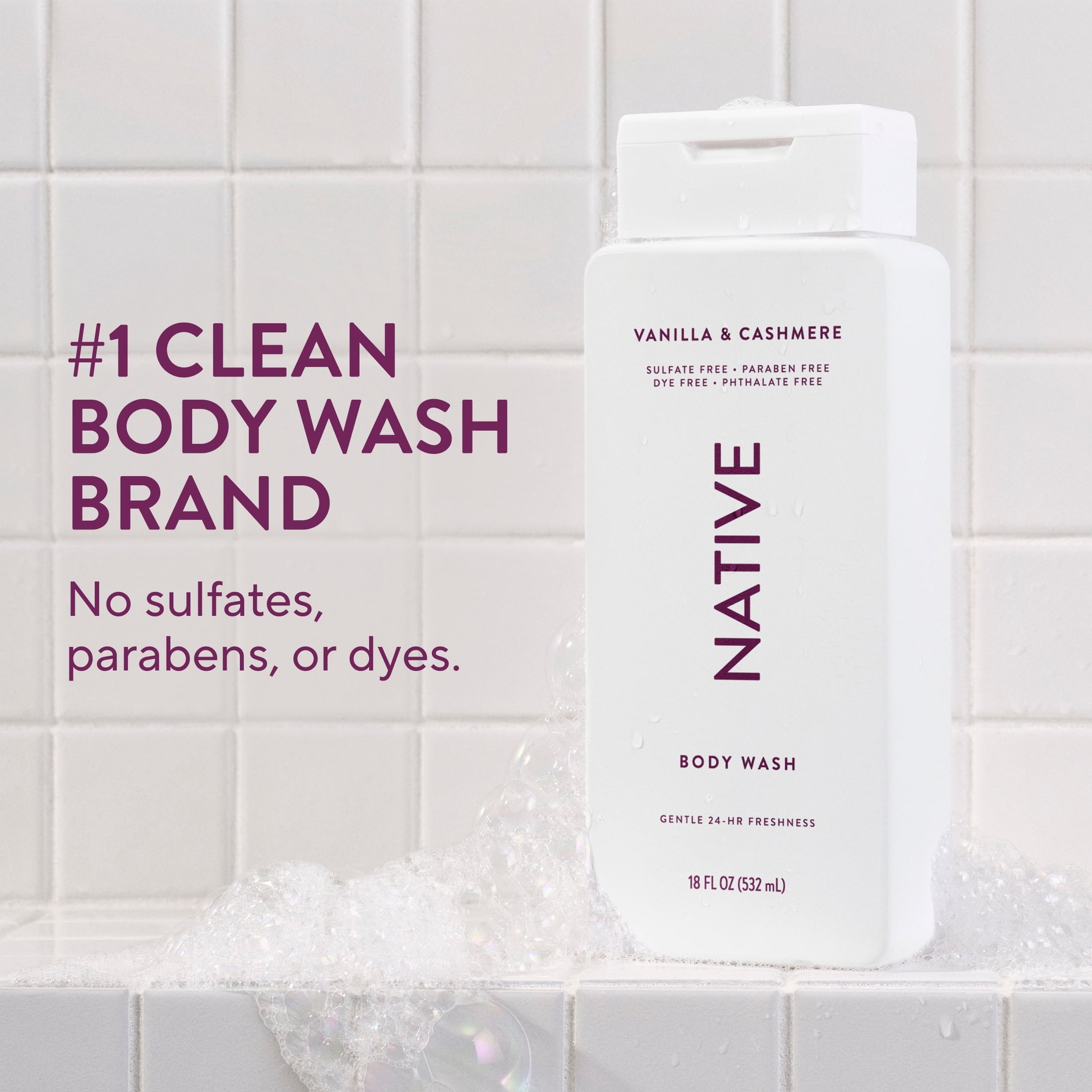 Body Wash, Vanilla &amp; Cashmere, Sulfate Free, Naturally Derived Ingredients, 24hr Freshness, for Women &amp; Men, 18 fl oz