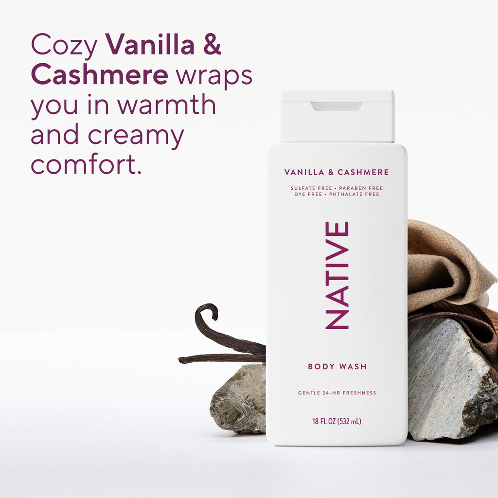 Body Wash, Vanilla &amp; Cashmere, Sulfate Free, Naturally Derived Ingredients, 24hr Freshness, for Women &amp; Men, 18 fl oz
