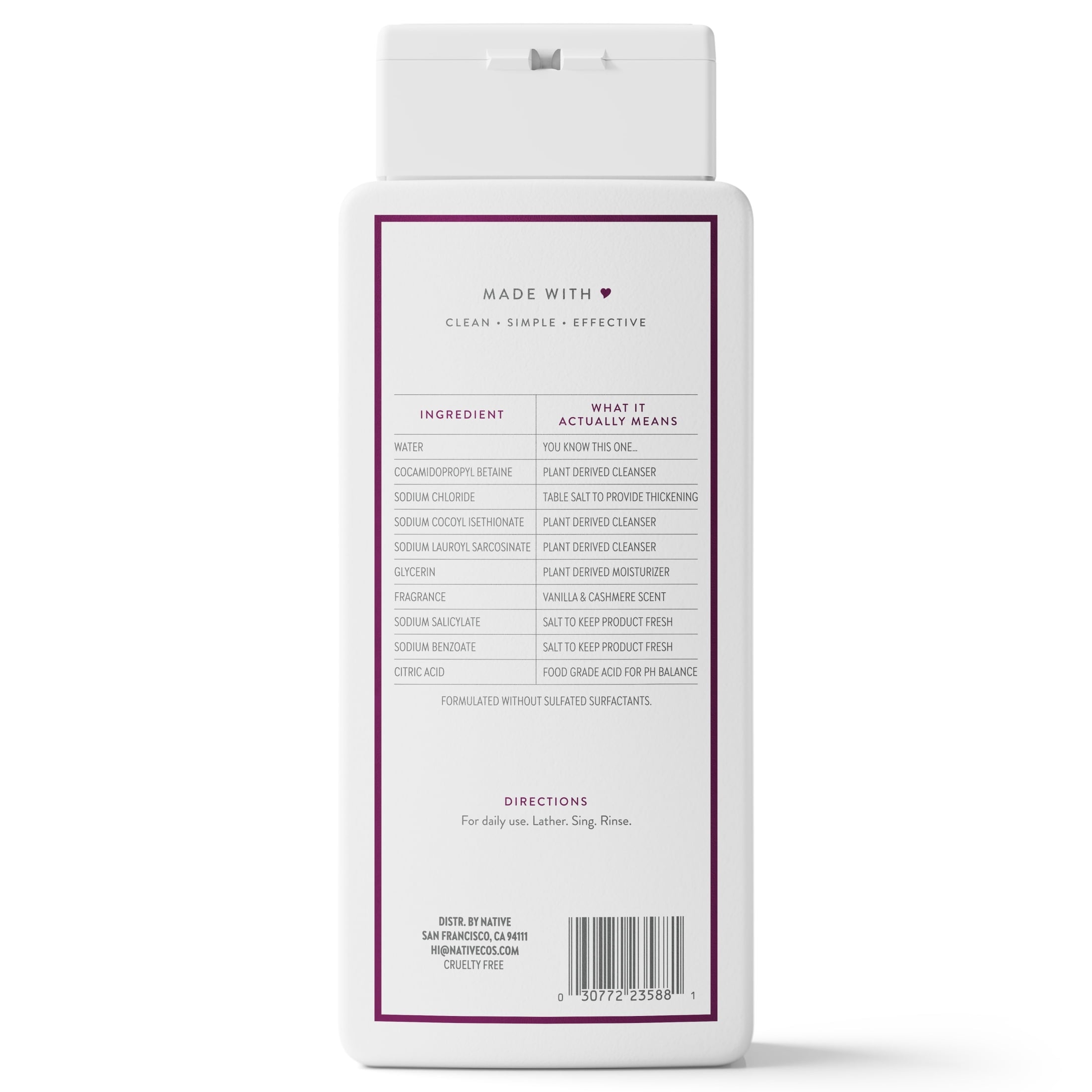 Body Wash, Vanilla &amp; Cashmere, Sulfate Free, Naturally Derived Ingredients, 24hr Freshness, for Women &amp; Men, 18 fl oz