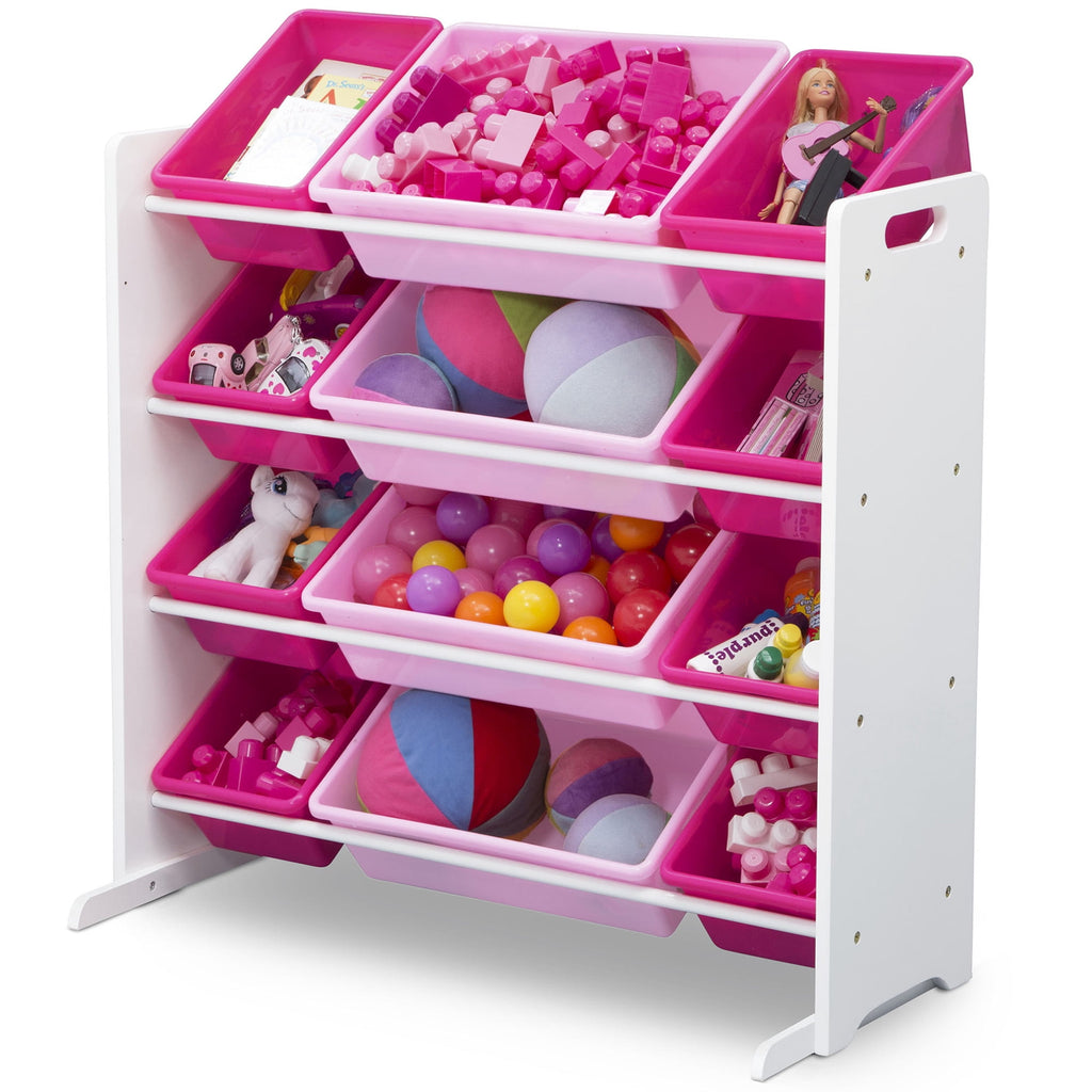 Kids Toy Storage Organizer with 12 Plastic Bins, Greenguard Gold Certified, White/Pink