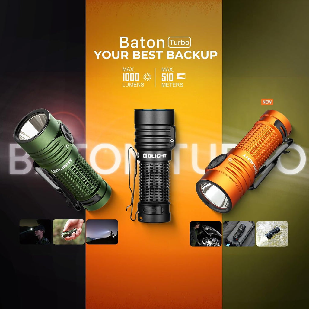 Baton Turbo EDC Rechargeable Handheld Flashlight, 1000 Lumens Compact LED and 510 Meters Long Throw Powerful Light, with Two-Way Clip and Landyard for Camping, Home Use (Roadster)