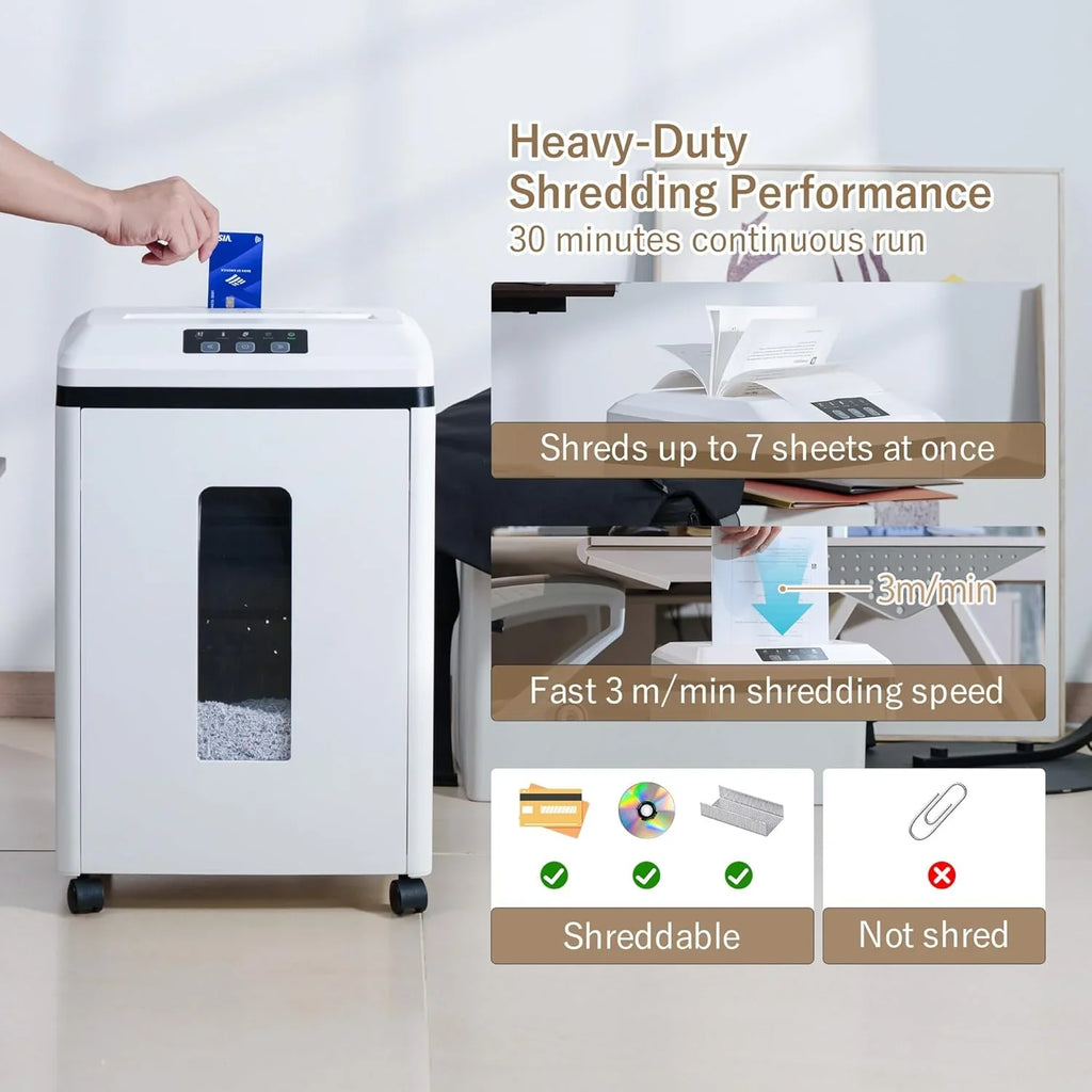 Professional Commercial Paper Shredder: P-7 Security Super Micro-Cut 1x1.7mm 7 Sheets/CDs/Cards/Staples 6-Gal Bin Heavy Duty for Home/Office/Industrial/Business Use-Confidential Documents