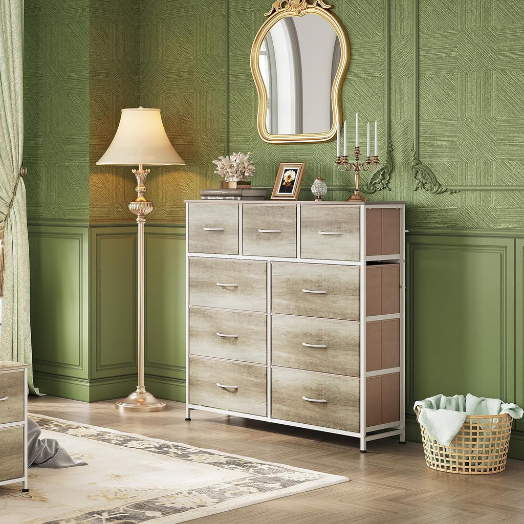 Dresser, Storage Organizer with 9 Drawers for Bedroom, Chest of Drawer with Fabric Bin, Sturdy Metal Frame, Wood Top for Closet, Nursery,Black