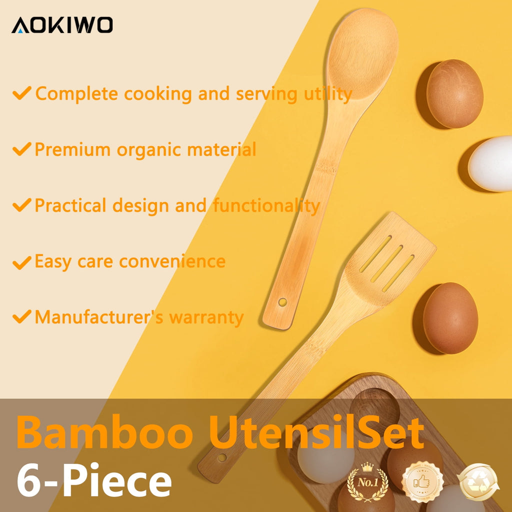 Wooden Spoons for Cooking, 6Pcs Banboo Spatula Spoon Tongs Utensils Set for Kitchen Cookware
