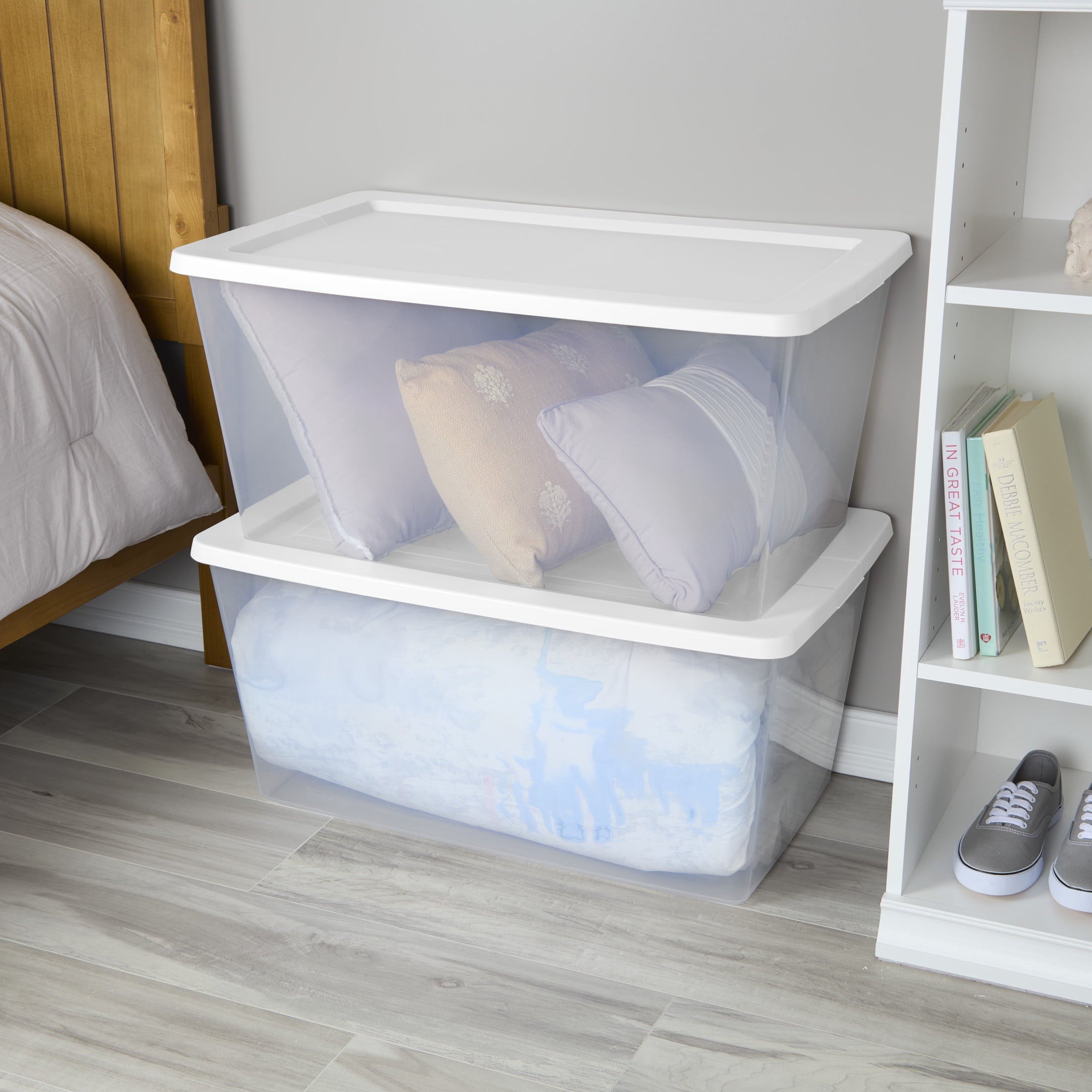 90 Quart Large Storage Bin, Clear Plastic Storage Container with Snap-On Lid, White