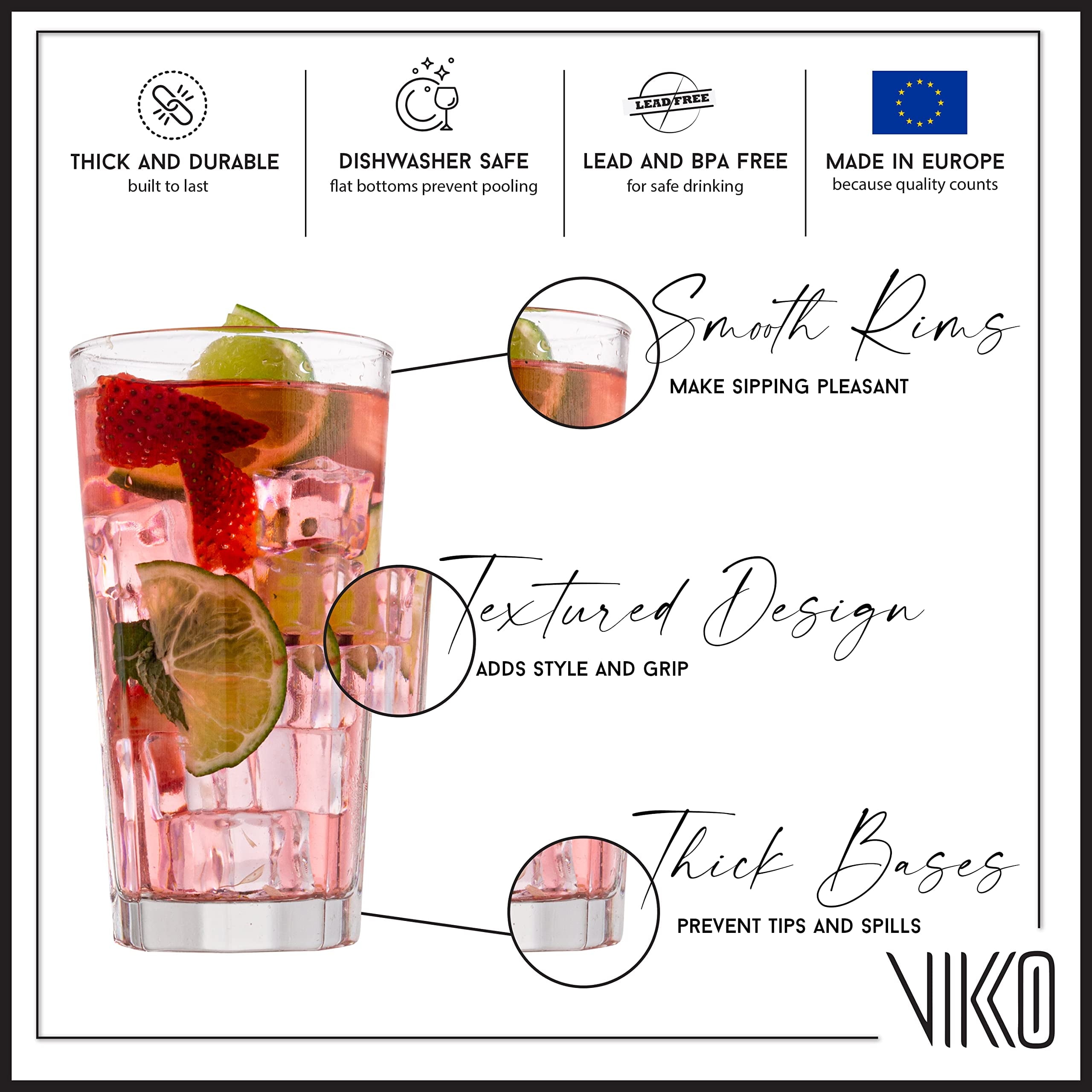 Drinking Glasses, Set of 6 Juice Glasses 9.5 Oz, Thick and Sturdy Kitchen Glasses, Highball Glass Tumbler, Heavy Duty Cups, Water Glasses