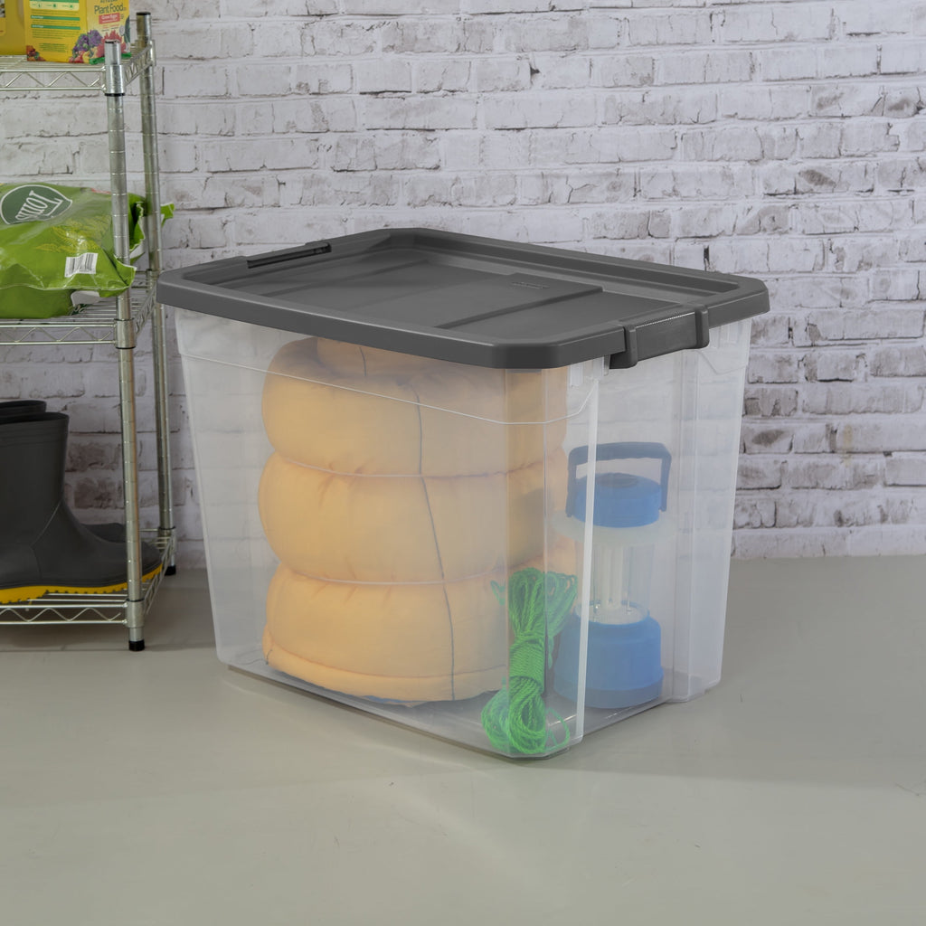 108 Quart Extra-Large Storage Bin, Clear Plastic Storage Container with Latch Lid, Dark Gray