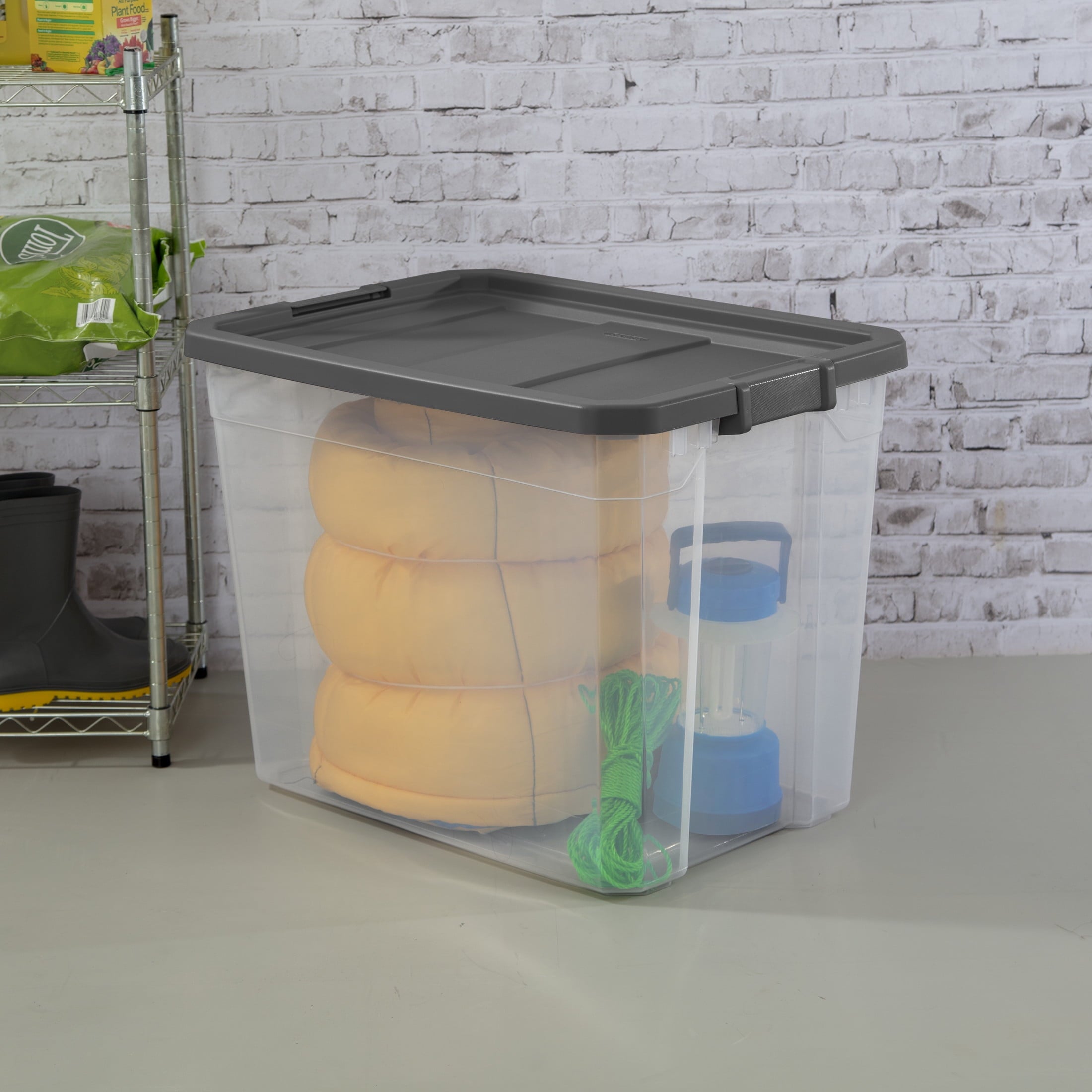 108 Quart Extra-Large Storage Bin, Clear Plastic Storage Container with Latch Lid, Dark Gray