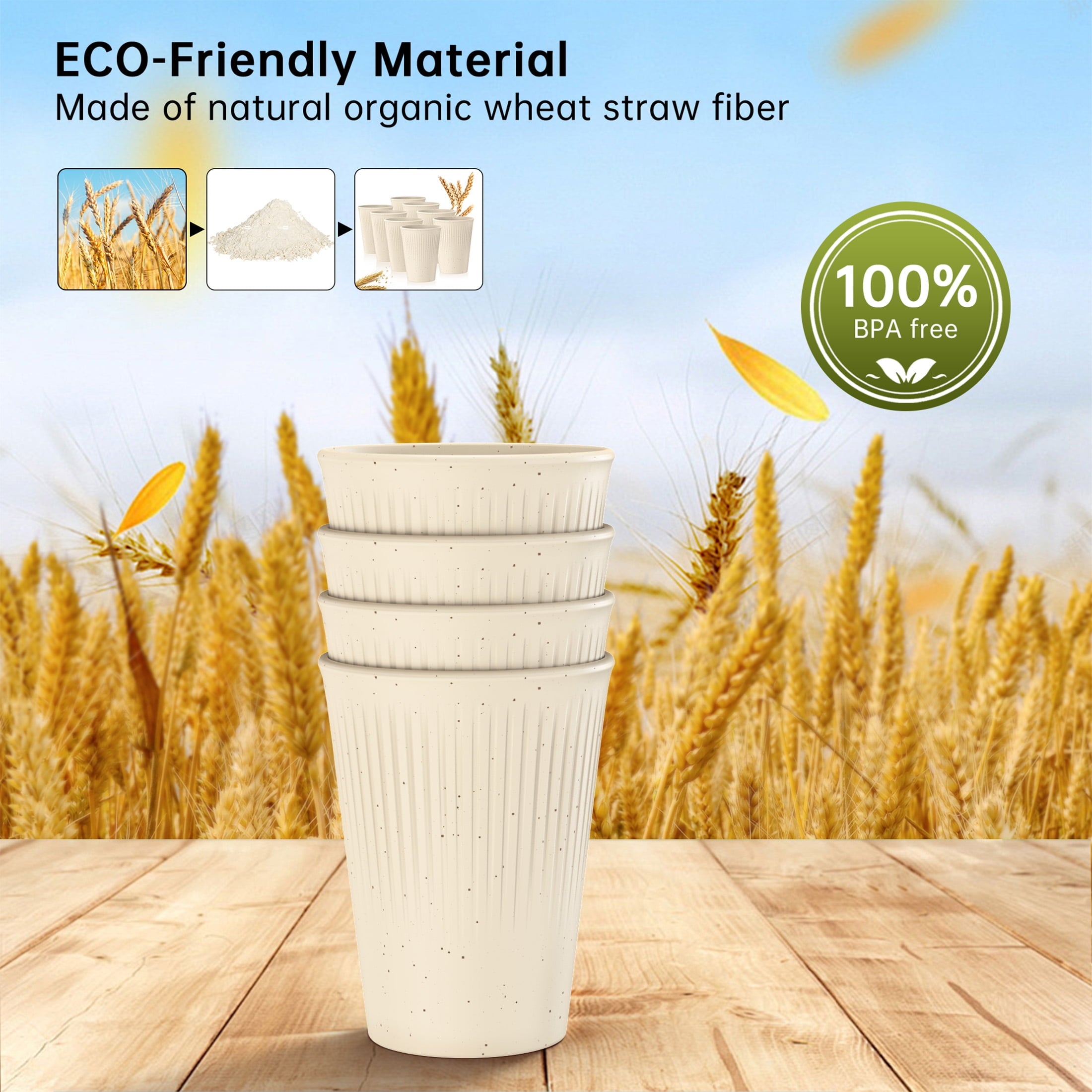 Wheat Straw Unbreakable Cups Set of 8, 12 OZ Drinking Glasses, Plastic Cups, Drinking Cups, Water Glasses, Multicolor