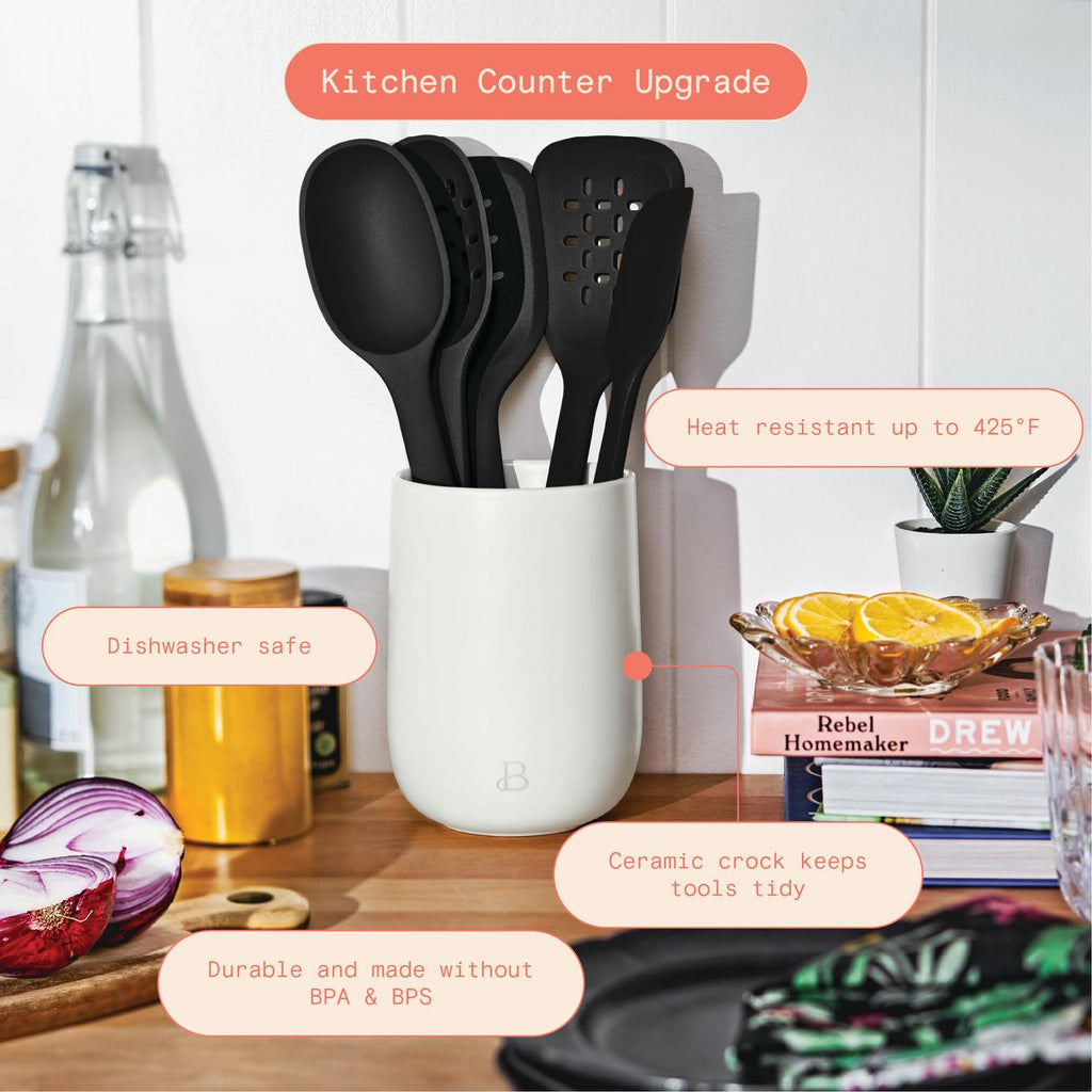 6-Piece Silicone Tool Set with Ceramic Crock, Porcini Taupe by Drew Barrymore