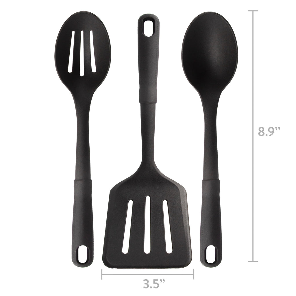 (4 pack) 3-Piece Kitchen Utensil Set, Slotted Spatula, Slotted Spoon and Solid Spoon, Black, Nylon