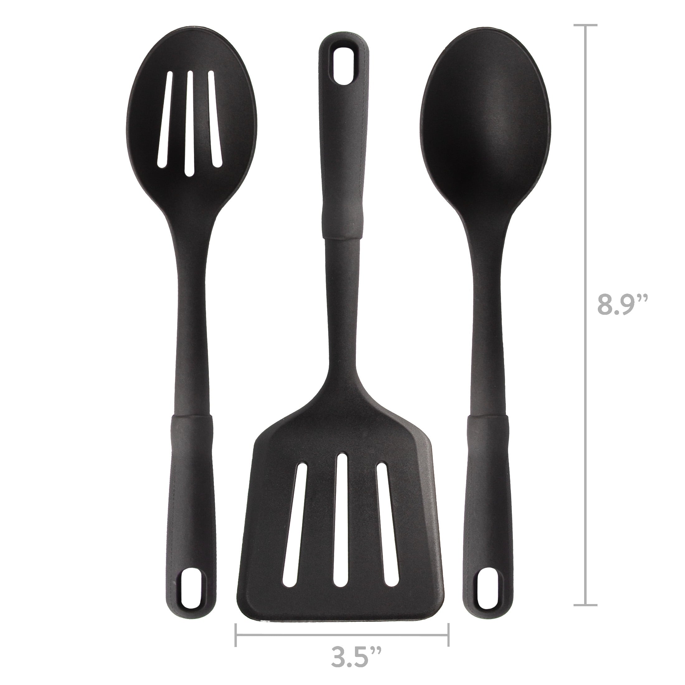 (4 pack) 3-Piece Kitchen Utensil Set, Slotted Spatula, Slotted Spoon and Solid Spoon, Black, Nylon