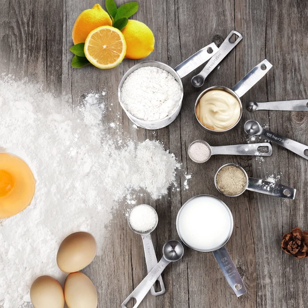 Square 13-Piece Stainless Steel Measuring Cups and Spoons Set, 5 Stainless Steel Measuring Cups,6 Stainless Steel Measuring Spoons &amp;1 Measuring Stick Leveler &amp;1 Mini Egg Whisk, kitchen tools for Cook