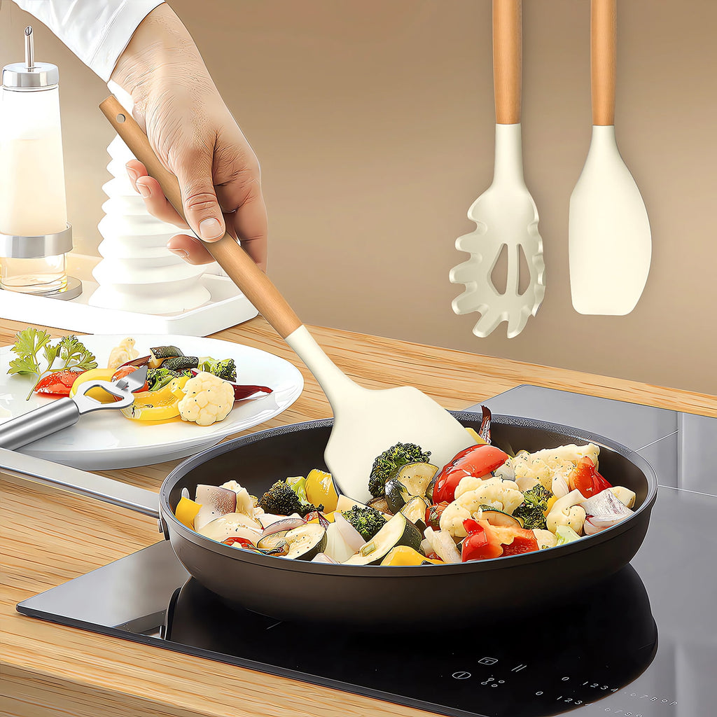 Kitchen Cooking Utensils Set, 33 pcs Non-stick Silicone Cooking Kitchen Utensils Spatula Set with Holder, Wooden Handle Silicone Kitchen Gadgets Utensil Set (Cream White)