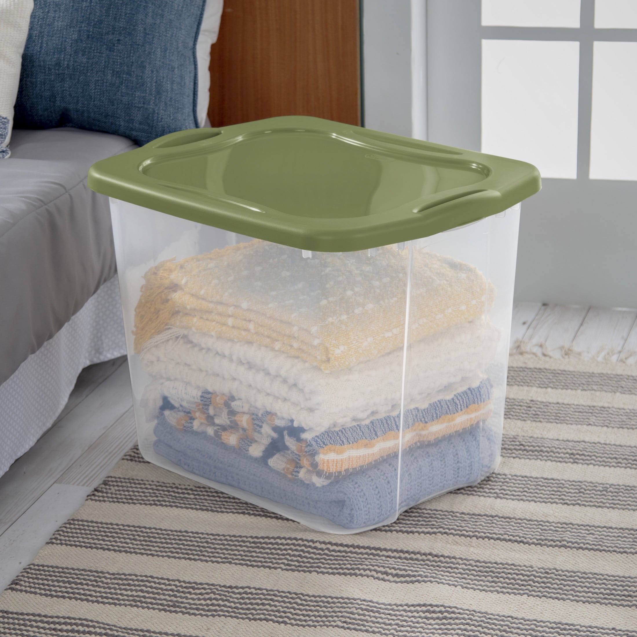 EZ Carry 95 Quart Extra-Large Storage Bin, Clear Plastic Storage Container with Full-Grip Handles, Green