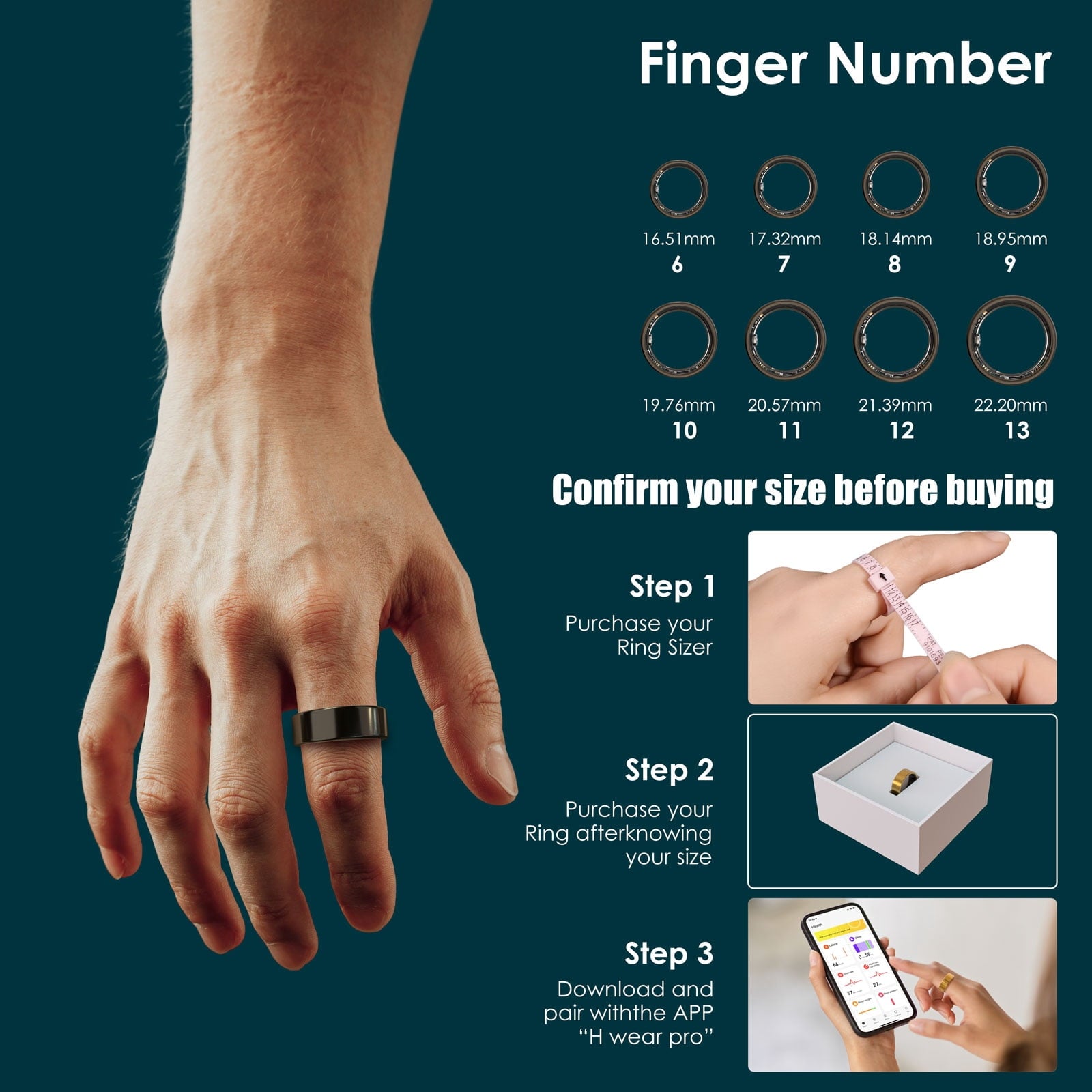 Ring, Suitable for Both Men and Women, 5ATM Waterproof, Activity/Sleep/Temperature Monitoring, Family Care Mode, Compatible with Android and iOS.Black