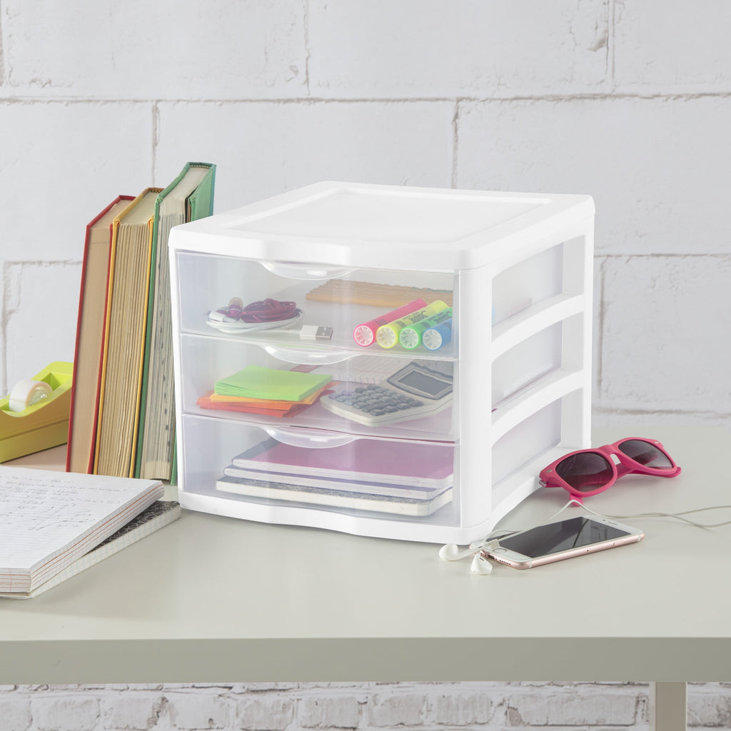 3 Drawer Unit, Clear Plastic Countertop or Desktop Storage Drawers, White