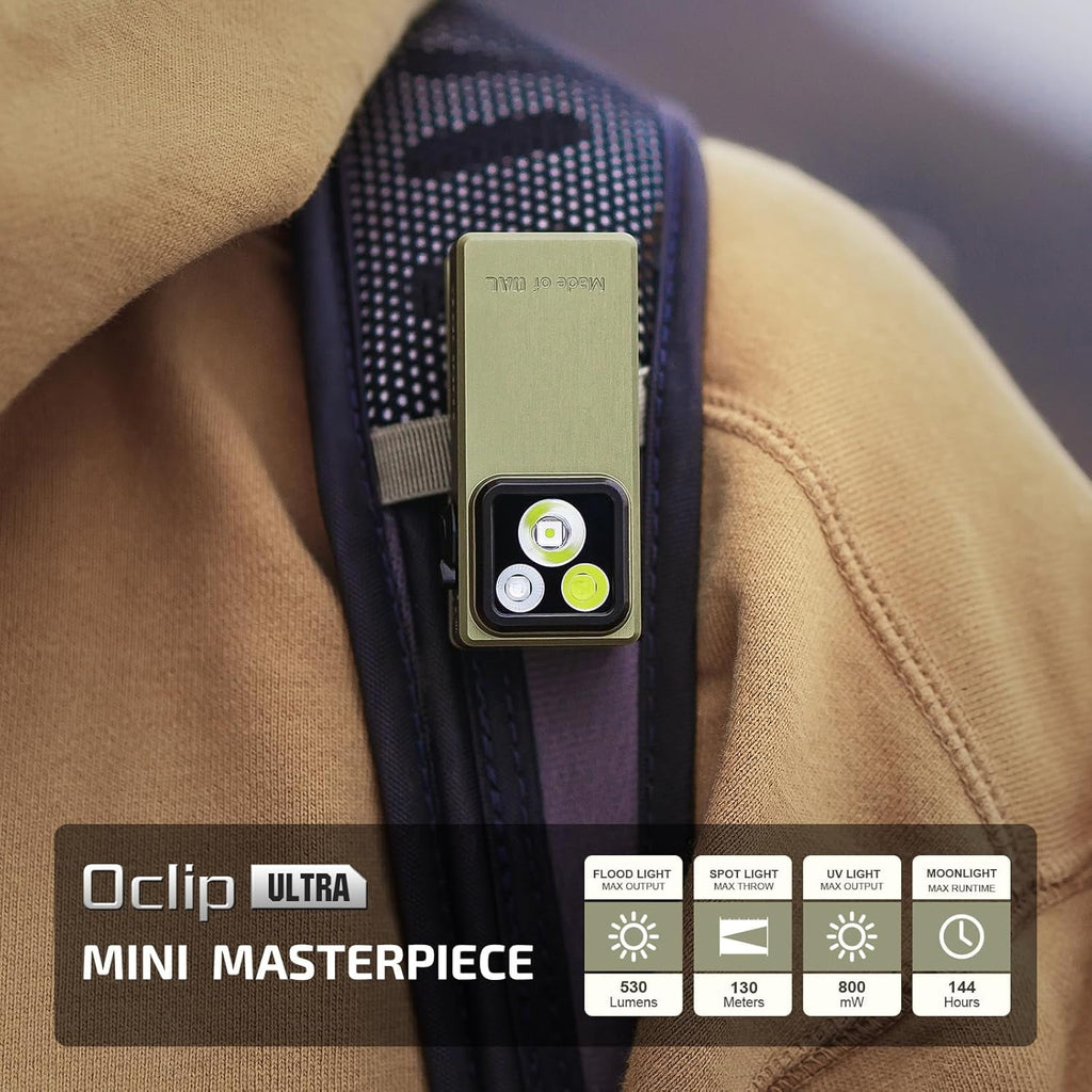 Oclip Ultra EDC Flashlight Clip-on Light, 530 Lumens Rechargeable with Type-C Charging, Combines Floodlight, Spotlight and UV, Triple Magenetic Lights for Inspection and Work (Olive Green)