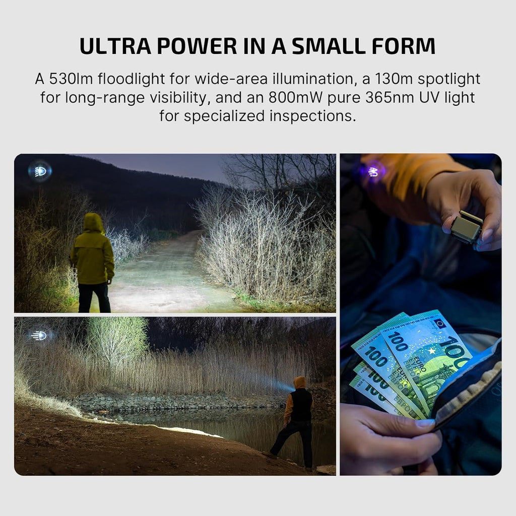 Oclip Ultra EDC Flashlight Clip-on Light, 530 Lumens Rechargeable with Type-C Charging, Combines Floodlight, Spotlight and UV, Triple Magenetic Lights for Inspection and Work (Olive Green)