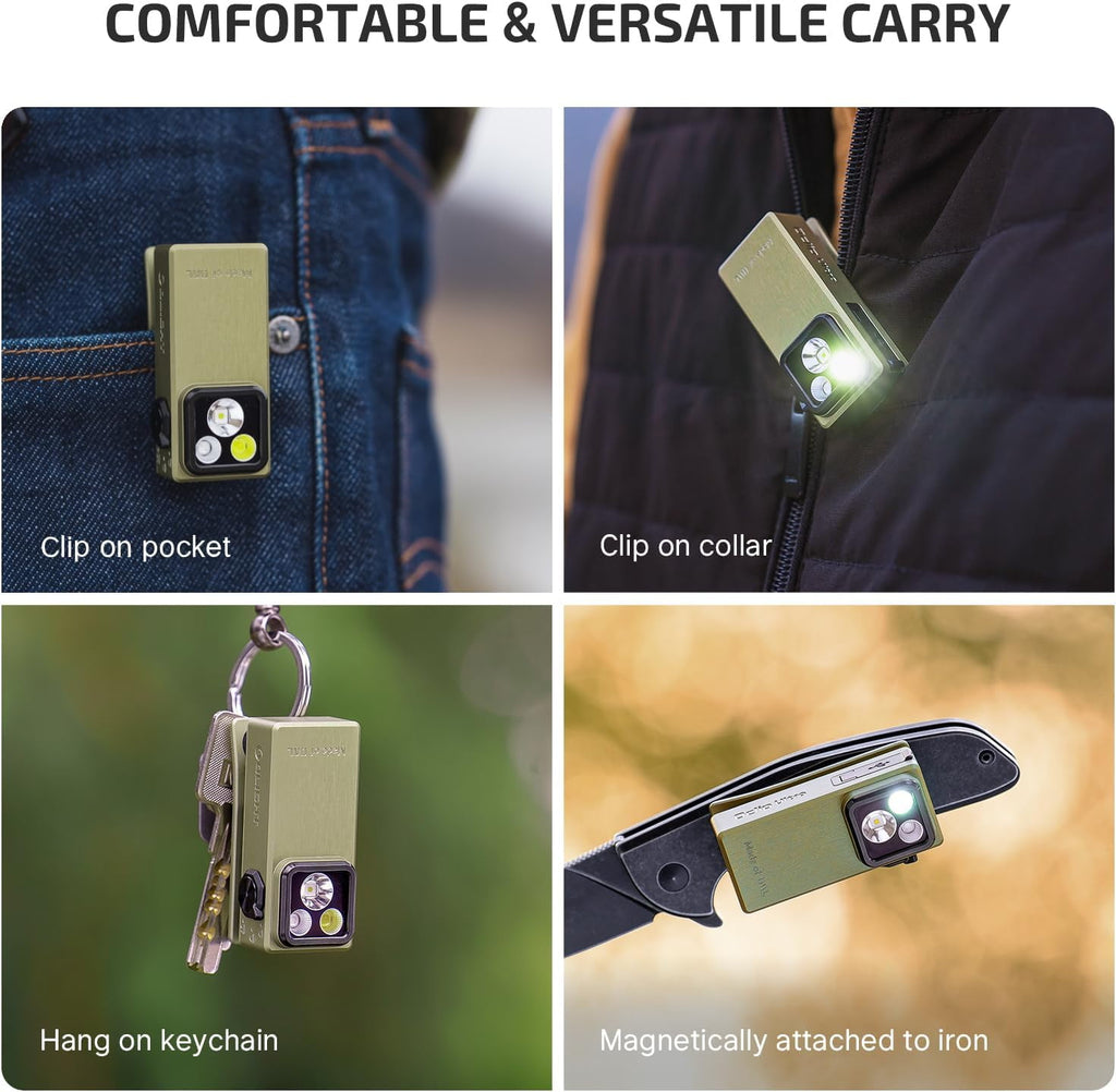 Oclip Ultra EDC Flashlight Clip-on Light, 530 Lumens Rechargeable with Type-C Charging, Combines Floodlight, Spotlight and UV, Triple Magenetic Lights for Inspection and Work (Olive Green)