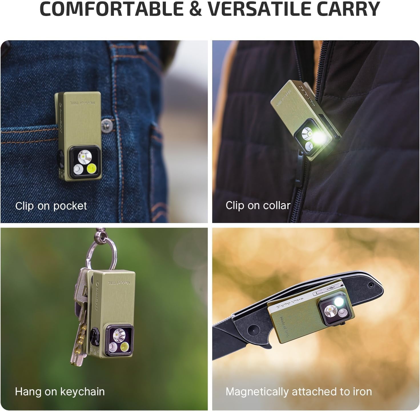 Oclip Ultra EDC Flashlight Clip-on Light, 530 Lumens Rechargeable with Type-C Charging, Combines Floodlight, Spotlight and UV, Triple Magenetic Lights for Inspection and Work (Olive Green)
