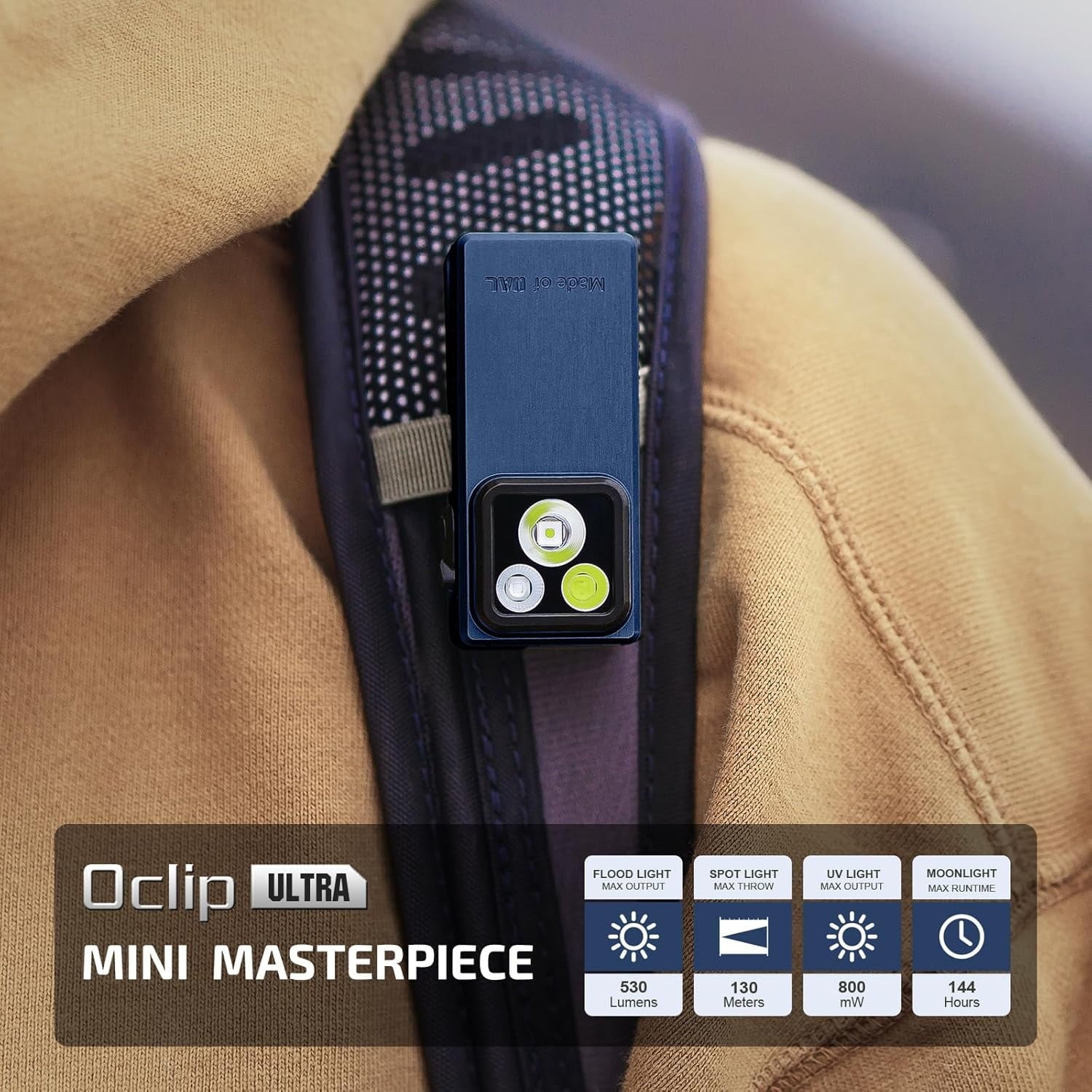 Oclip Ultra EDC Flashlight Clip-on Light, 530 Lumens Rechargeable with Type-C Charging, Combines Floodlight, Spotlight and UV, Triple Magenetic Lights for Inspection and Work (Olive Green)