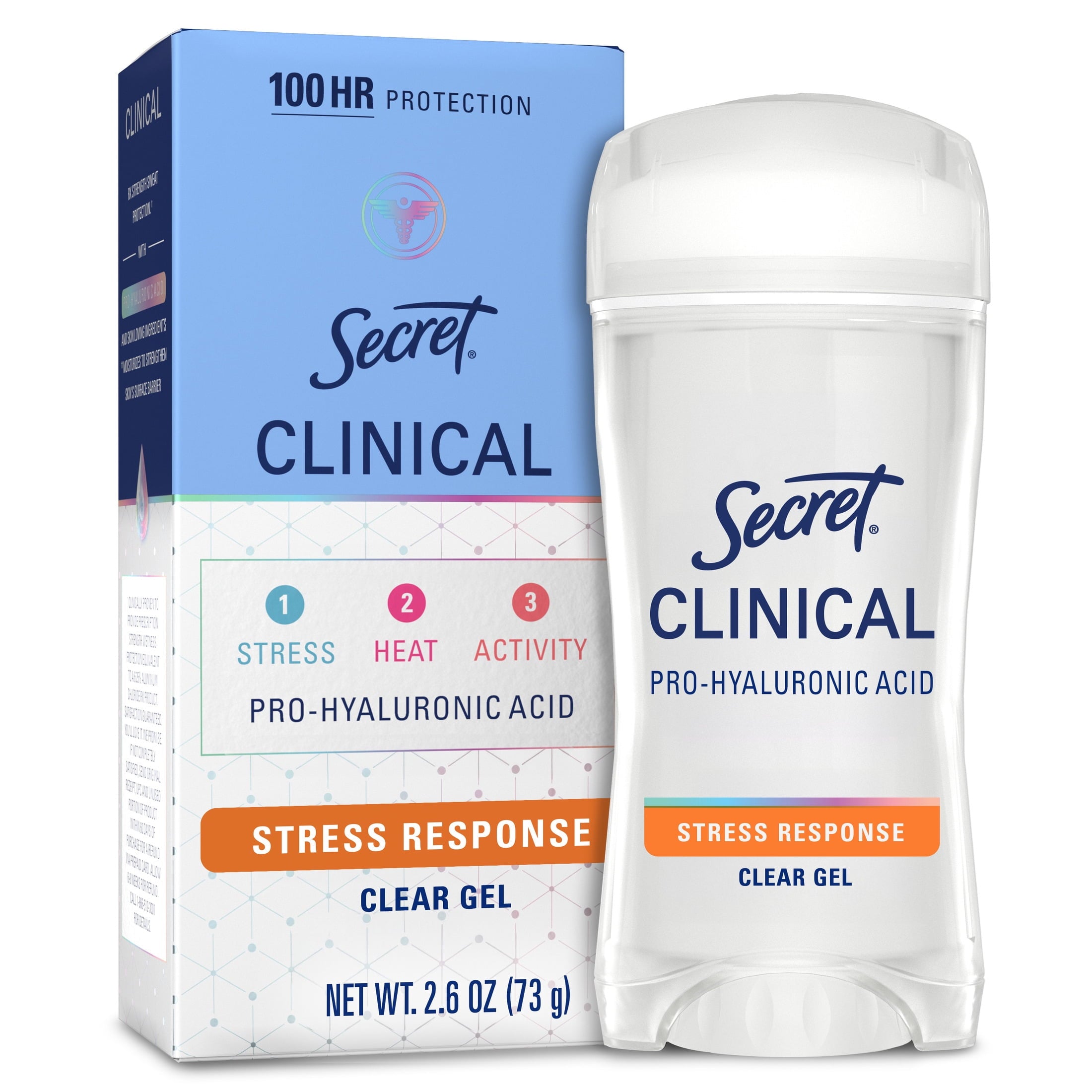 Clinical Antiperspirant Deodorant for Women, 100HR Sweat &amp; Odor Protection, Pro-Hyaluronic Acid, Clear Gel, Stress Response, 2.6 oz
