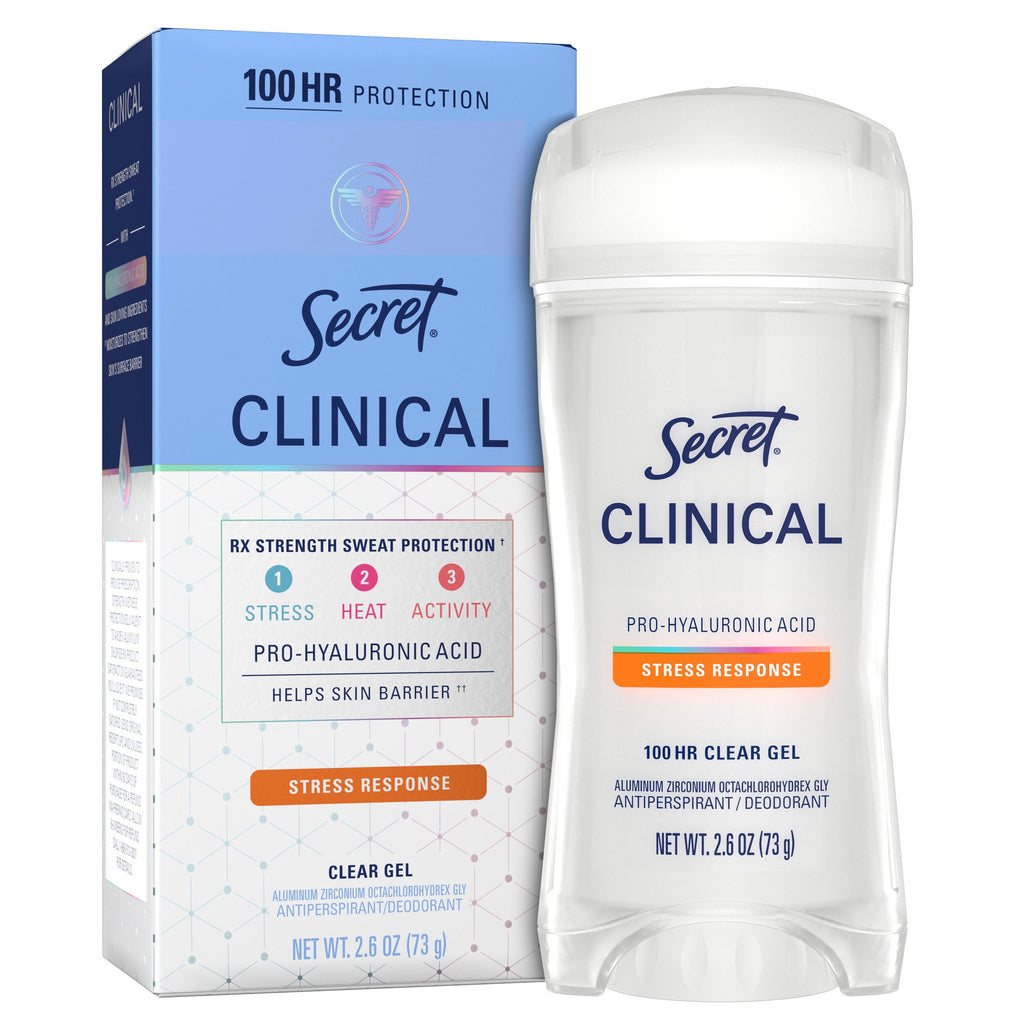 Clinical Antiperspirant Deodorant for Women, 100HR Sweat &amp; Odor Protection, Pro-Hyaluronic Acid, Clear Gel, Stress Response, 2.6 oz