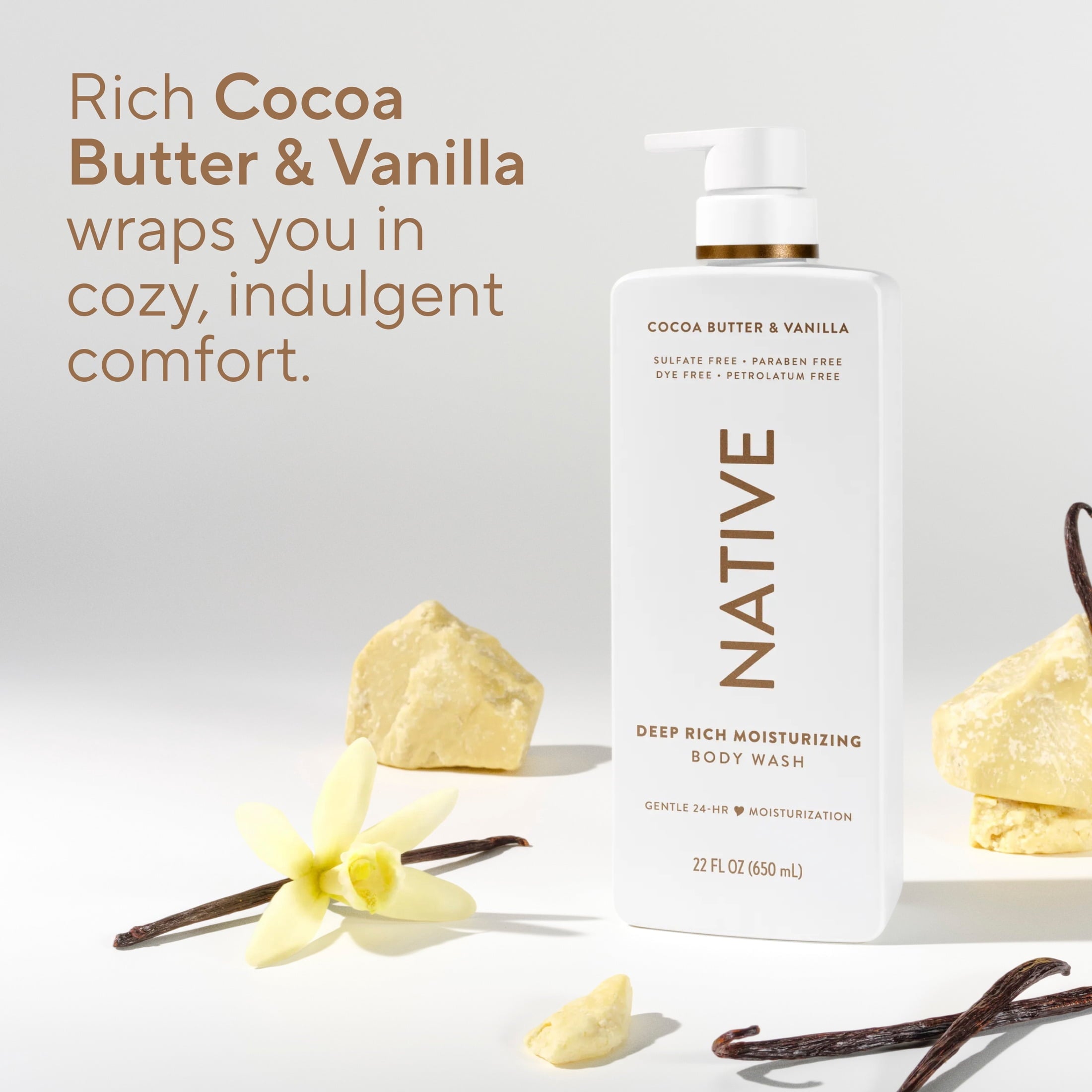 Moisturizing Body Wash, Cocoa Butter &amp; Vanilla, Sulfate Free, 24hr Moisturization with Shea Butter, for Women &amp; Men for Dry Skin, 22 fl oz