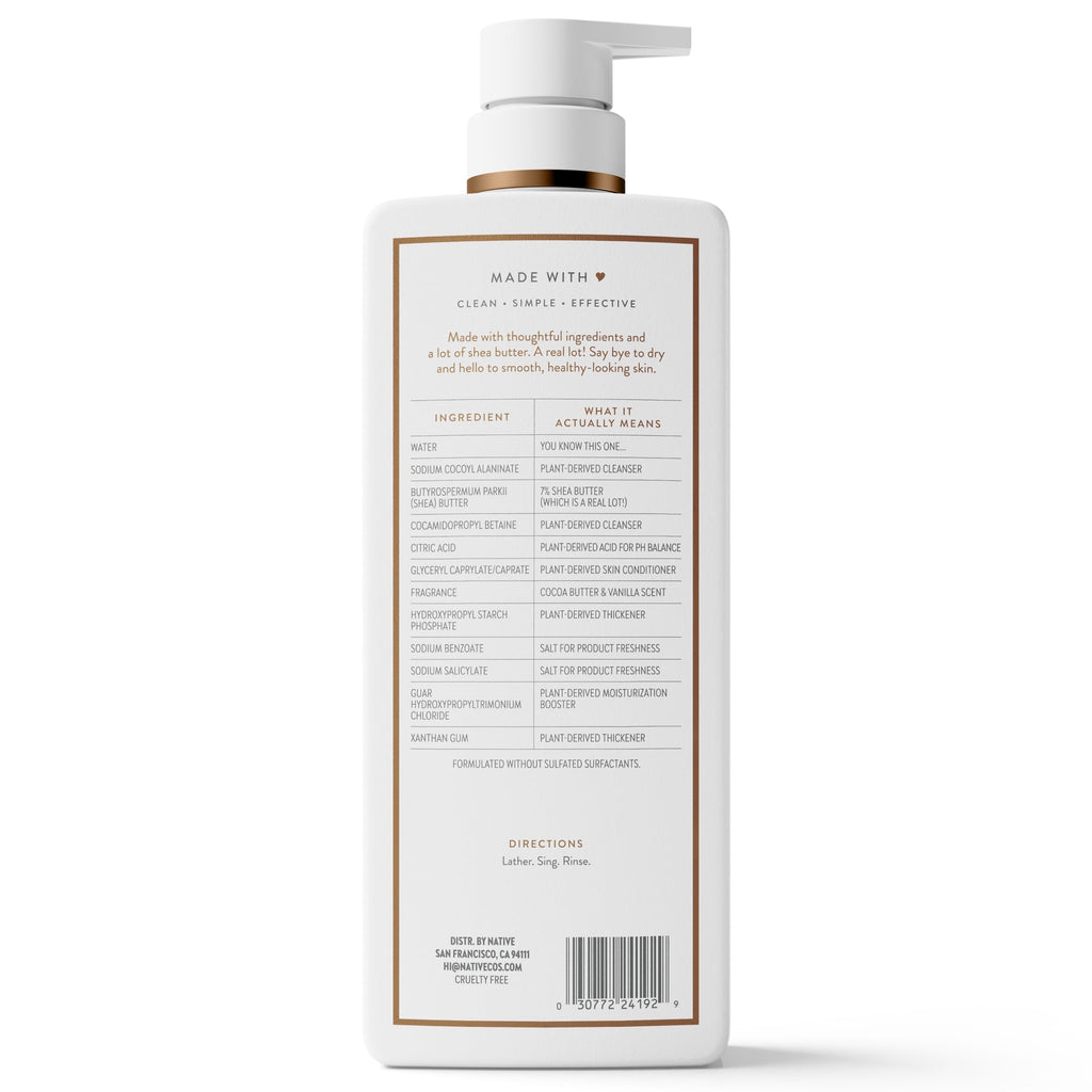 Moisturizing Body Wash, Cocoa Butter &amp; Vanilla, Sulfate Free, 24hr Moisturization with Shea Butter, for Women &amp; Men for Dry Skin, 22 fl oz