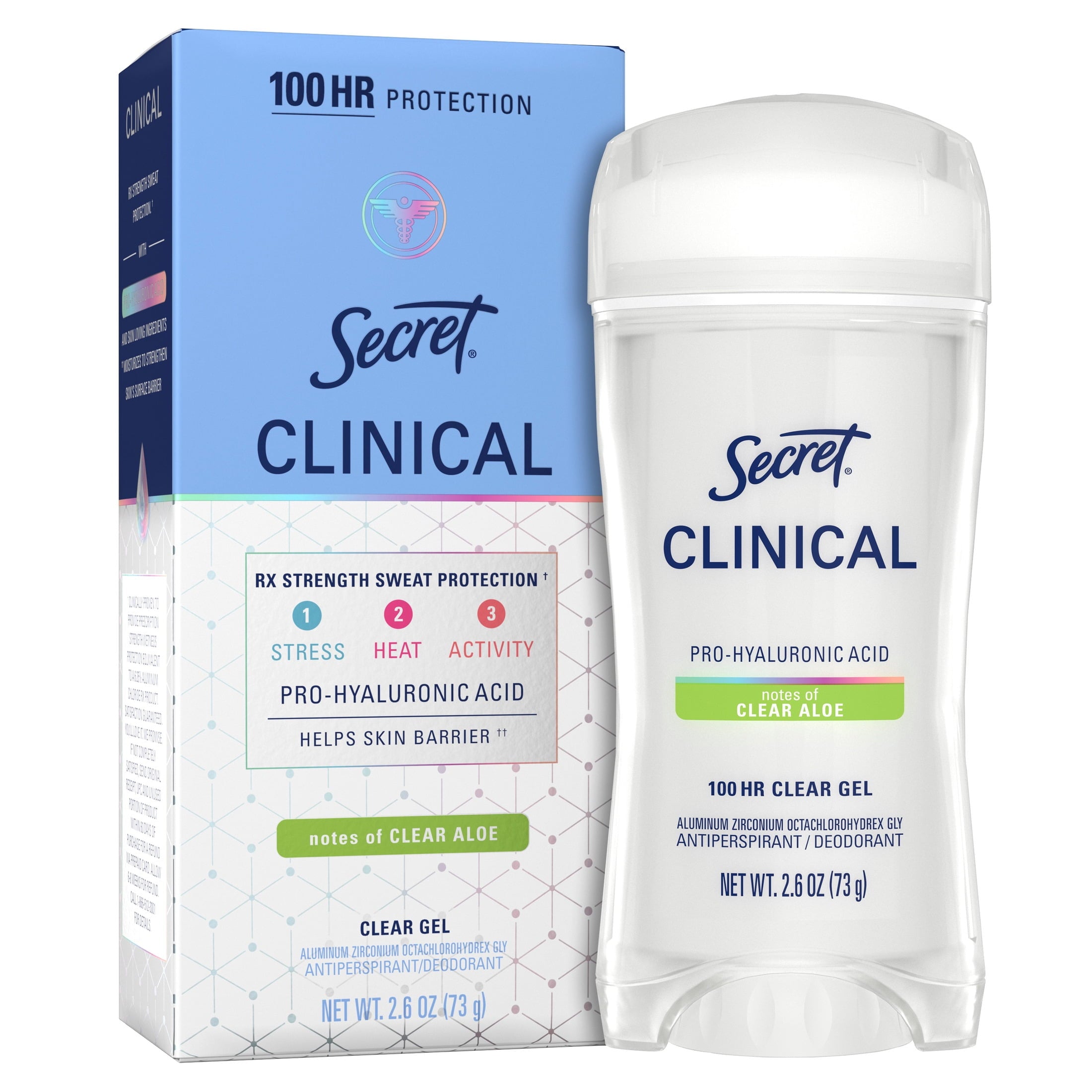 Clinical Antiperspirant Deodorant for Women, 100HR Sweat &amp; Odor Protection, Pro-Hyaluronic Acid, Clear Gel, Clear Aloe, 2.6 oz